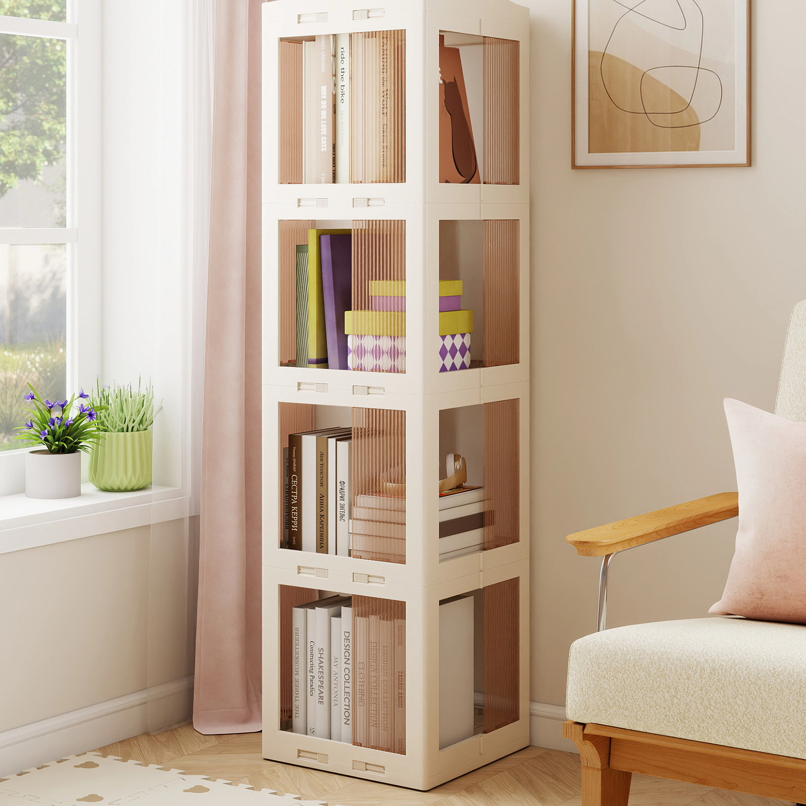 SUGIFT 4-Tier Foldable Rotating Bookshelf with Swivel Base and Translucent Panels 22-lb Per Shelf White