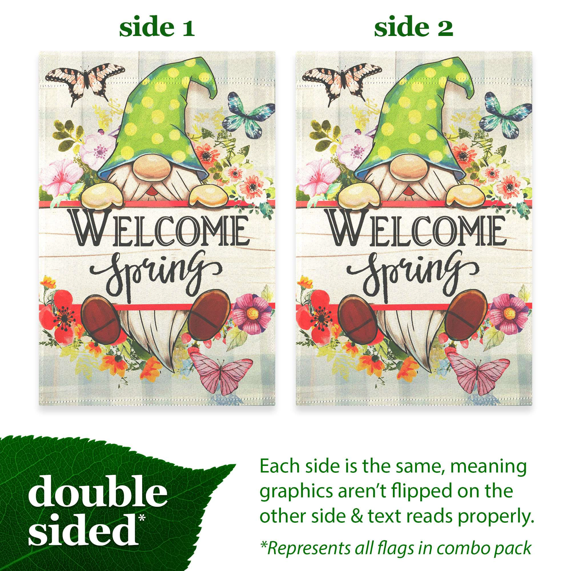 G128 Whimsical Gnome Garden Flag Set 4-Pack - Double-Sided 12x18 Inch Seasonal Holiday Yard Decorations
