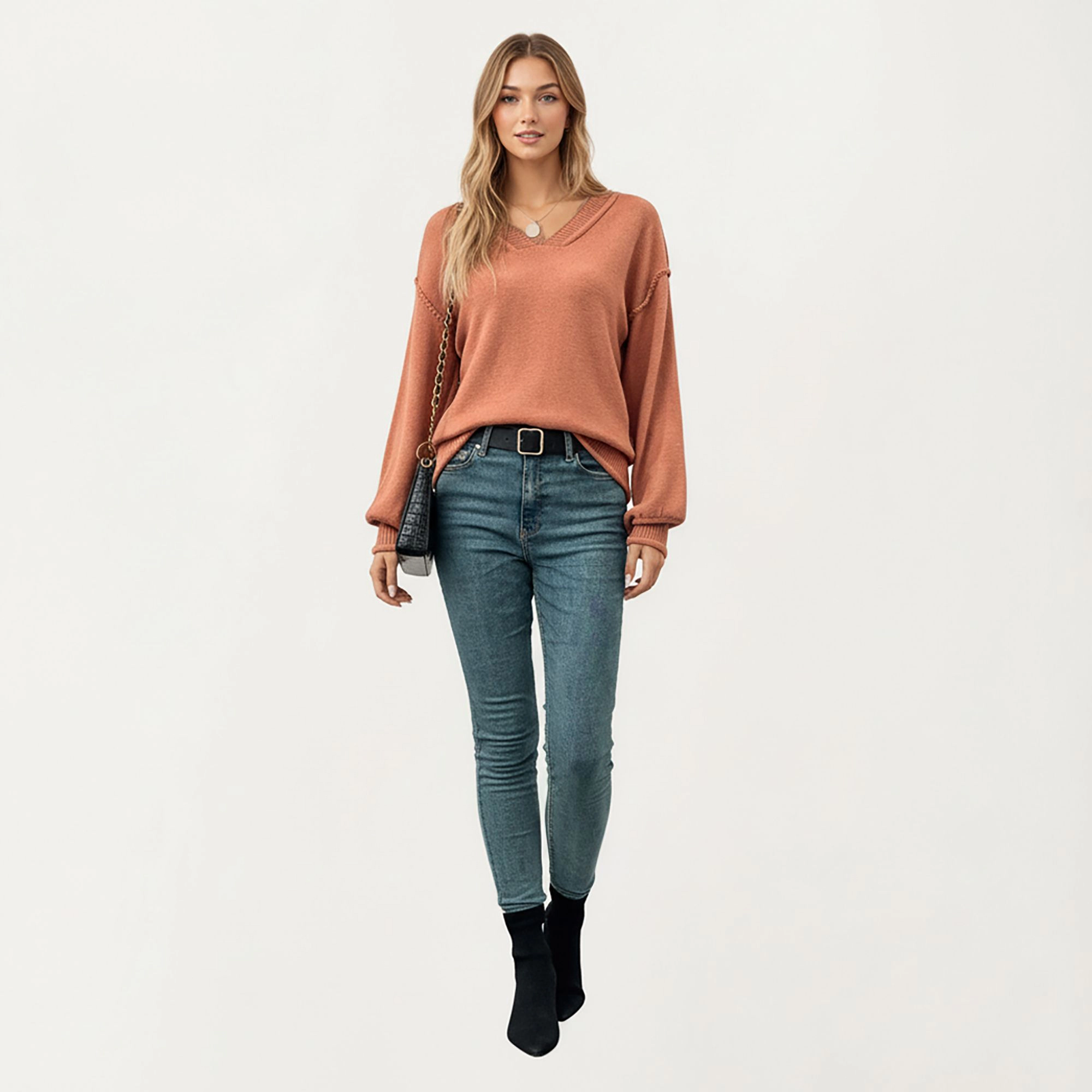 Anna-Kaci Women's V-Neck Knit Top with Soft Textured Finish and Layered Collar Detail for a Relaxed Chic Silhouette