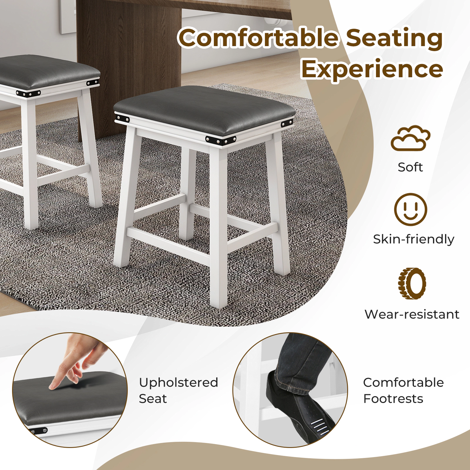 SUGIFT Acacia Wood Frame and Padded PU Leather Seat Set of 2 White Bar Stools
