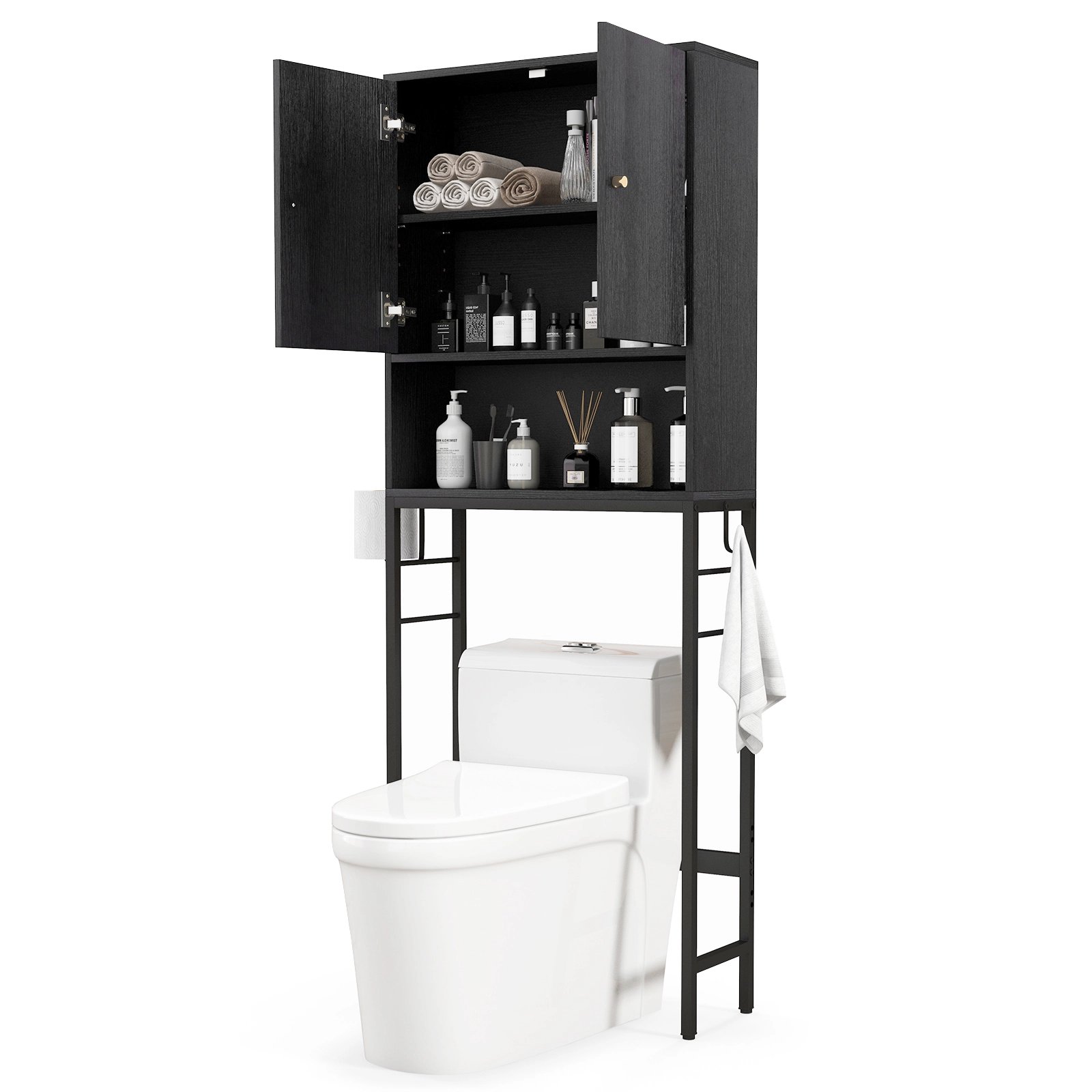 SUGIFT Black Over the Toilet Storage Cabinet with 2 Doors Side Hooks and Adjustable Shelf 25-in W 9-in D 62.5-in H