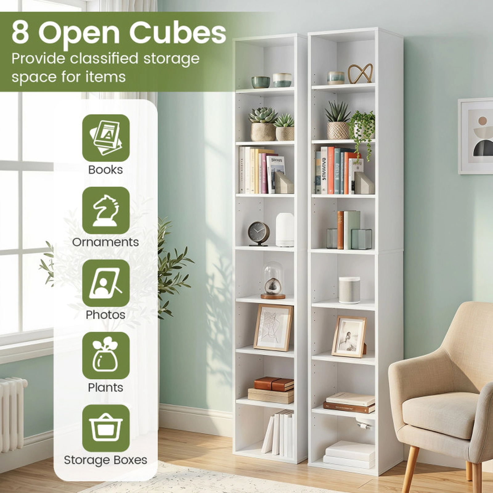SUGIFT White 8-Tier Narrow Bookshelf 71 in with 4 Adjustable Shelves