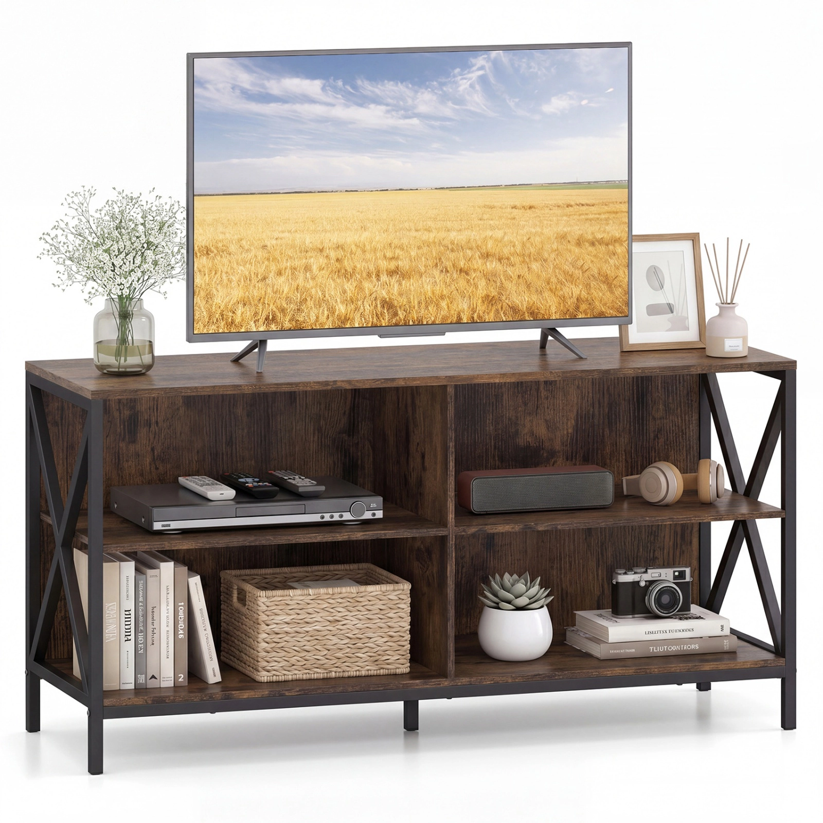 SUGIFT Wooden TV Stand Entertainment for TVs up to 55 Inch with X-Shaped Frame 310-lb Capacity Rustic Brown