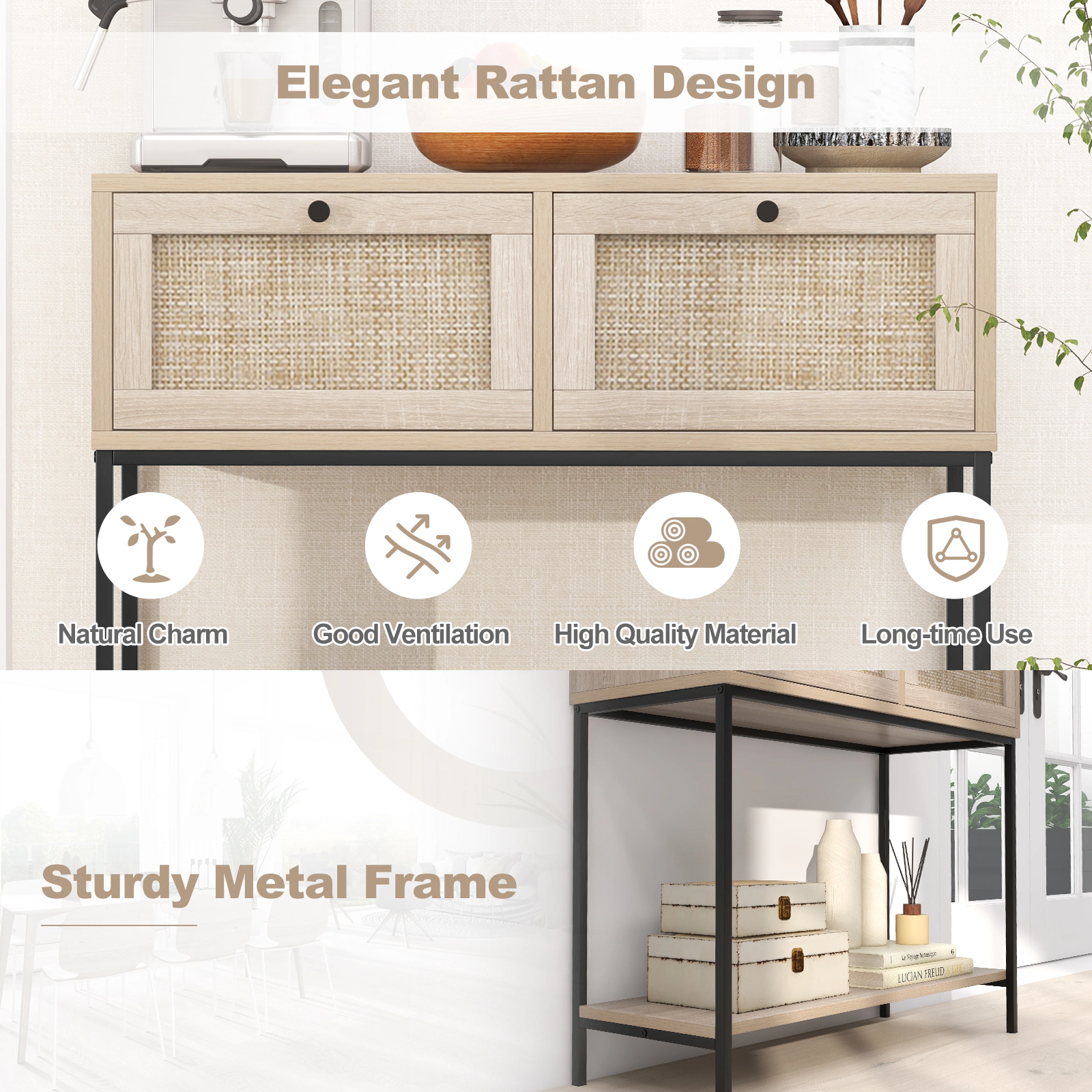 SUGIFT 31.5-in 132-lb Capacity Oak Boho Rattan Console Entryway Table with 2 Drawers and Open Storage Shelf