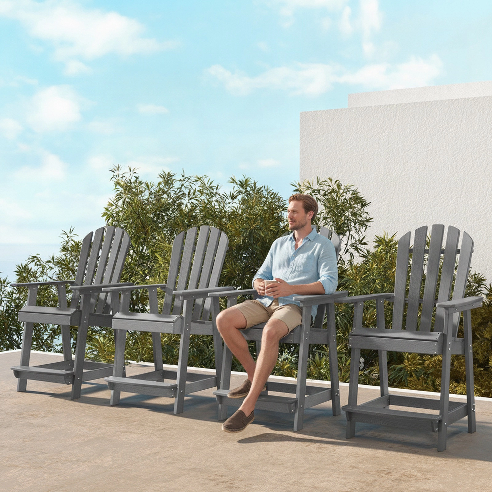 SUGIFT Gray HDPE Patio Bar Chair, 24.5-Inch Seat, Slatted Design, Arms and Footrest