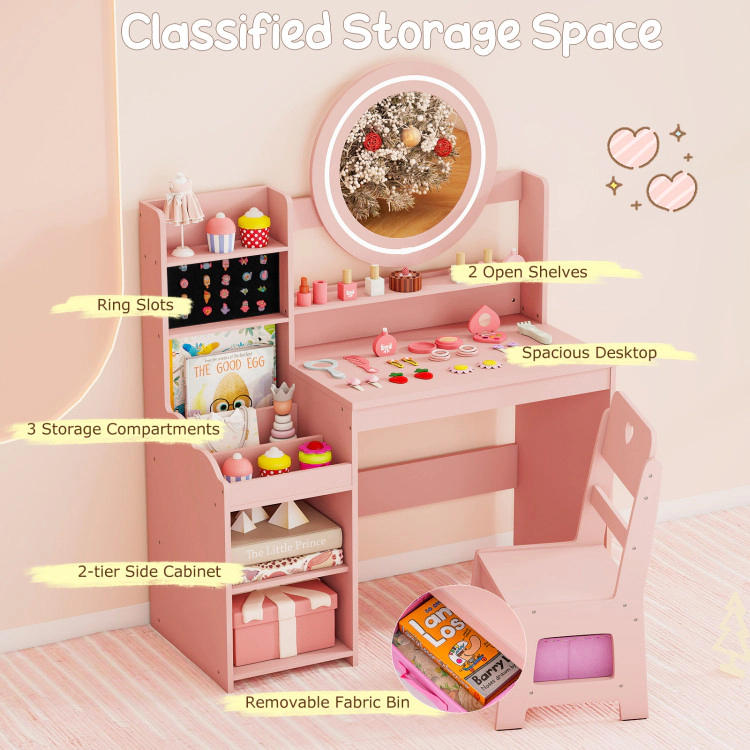 Hivvago Kids Vanity Desk With Mirror And Lights Princess Pretend Play Dressing Table Chair Set