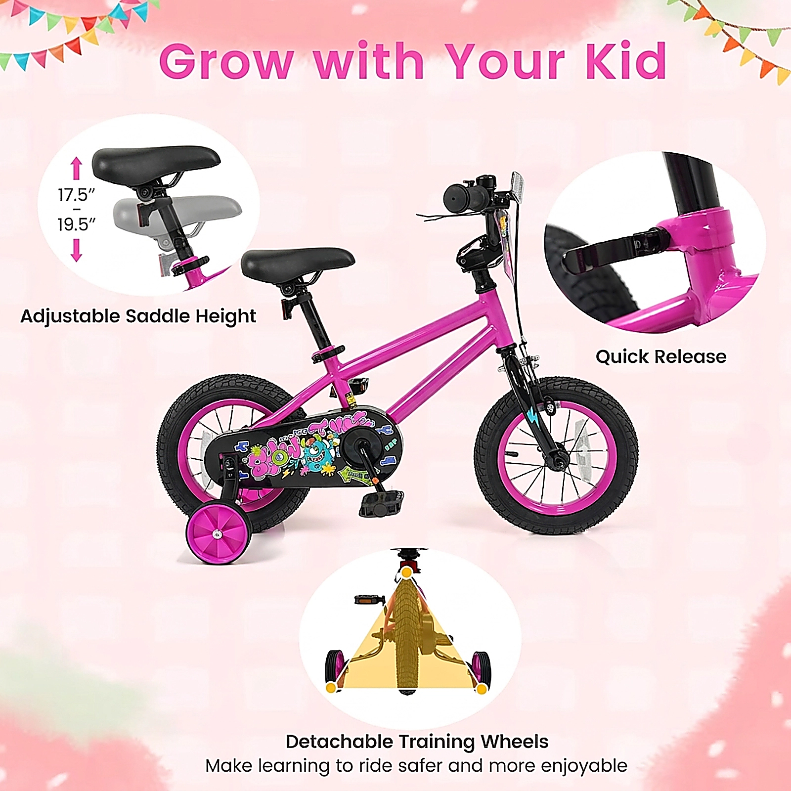 SUGIFT Pink Detachable Training Wheels and Adjustable Seat Kids Bike
