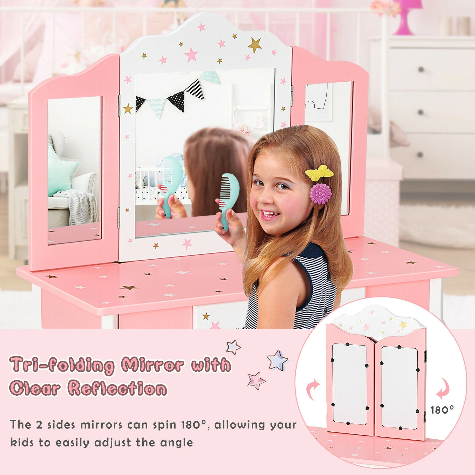 SUGIFT 2-in-1 Detachable Kids Princess Vanity Table and Stool Set with Tri-folding Mirror 44/88-lb Capacity Pink/White