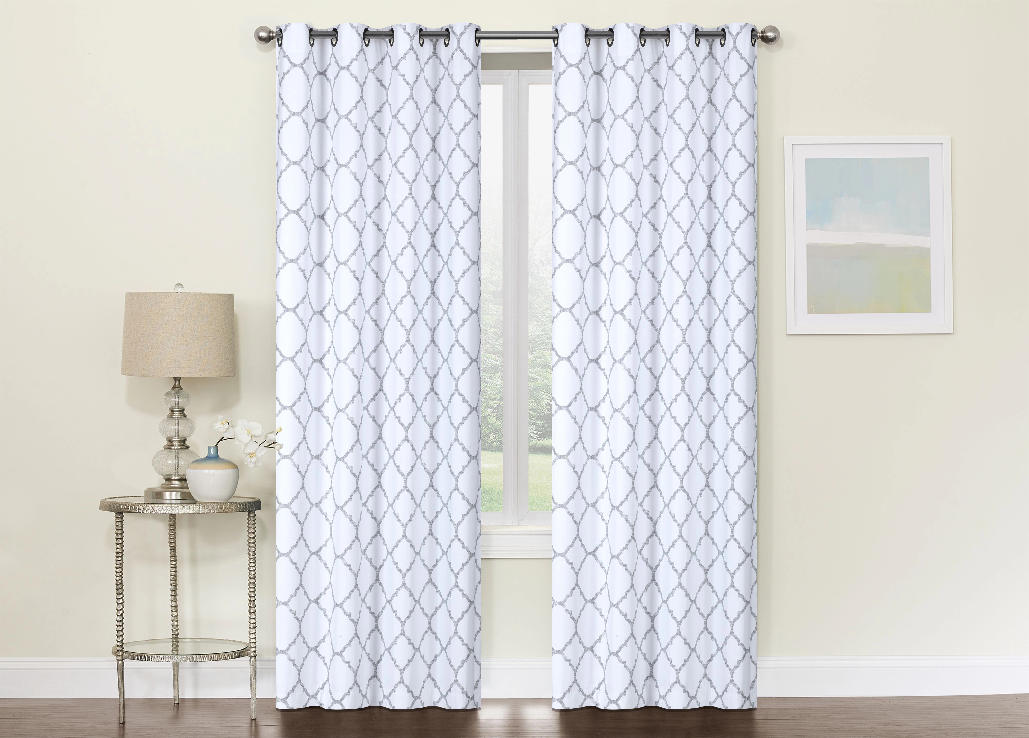 Kate Aurora 2 Piece Thermal Lined Gray & White Trellis Grommet Light Reducing Curtains - 52 in. W x 84 in. L