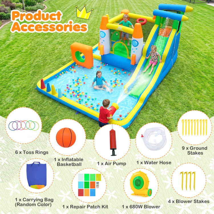 Hivvago 10-in-1 Inflatable Bounce House with Water Slide and 680W Blower for Kids