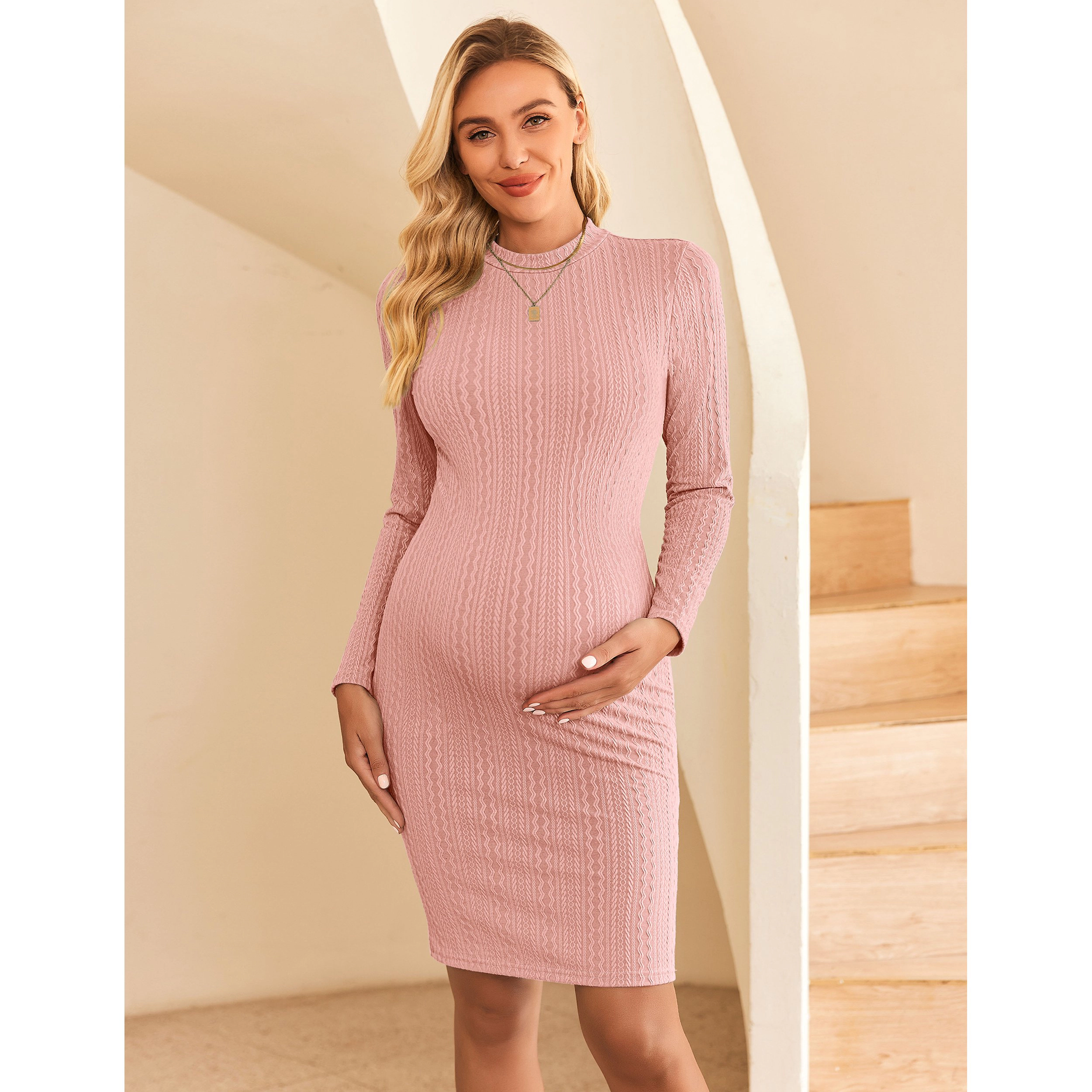 Ekouaer Women's Mock Neck Long Sleeve Ribbed Knit Maternity Dress