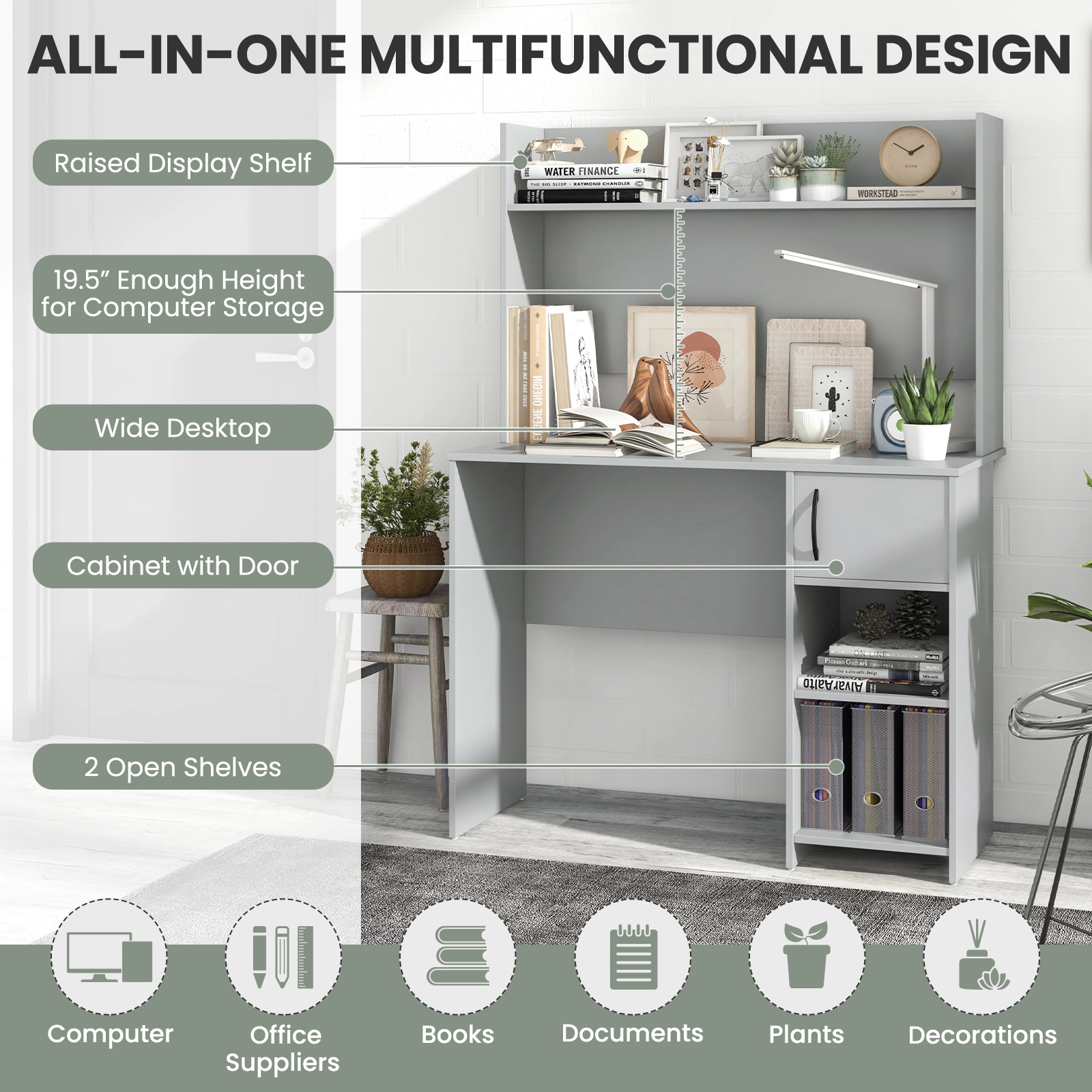 SUGIFT Gray Computer Desk with Hutch, Storage Shelves and Open Cabinet