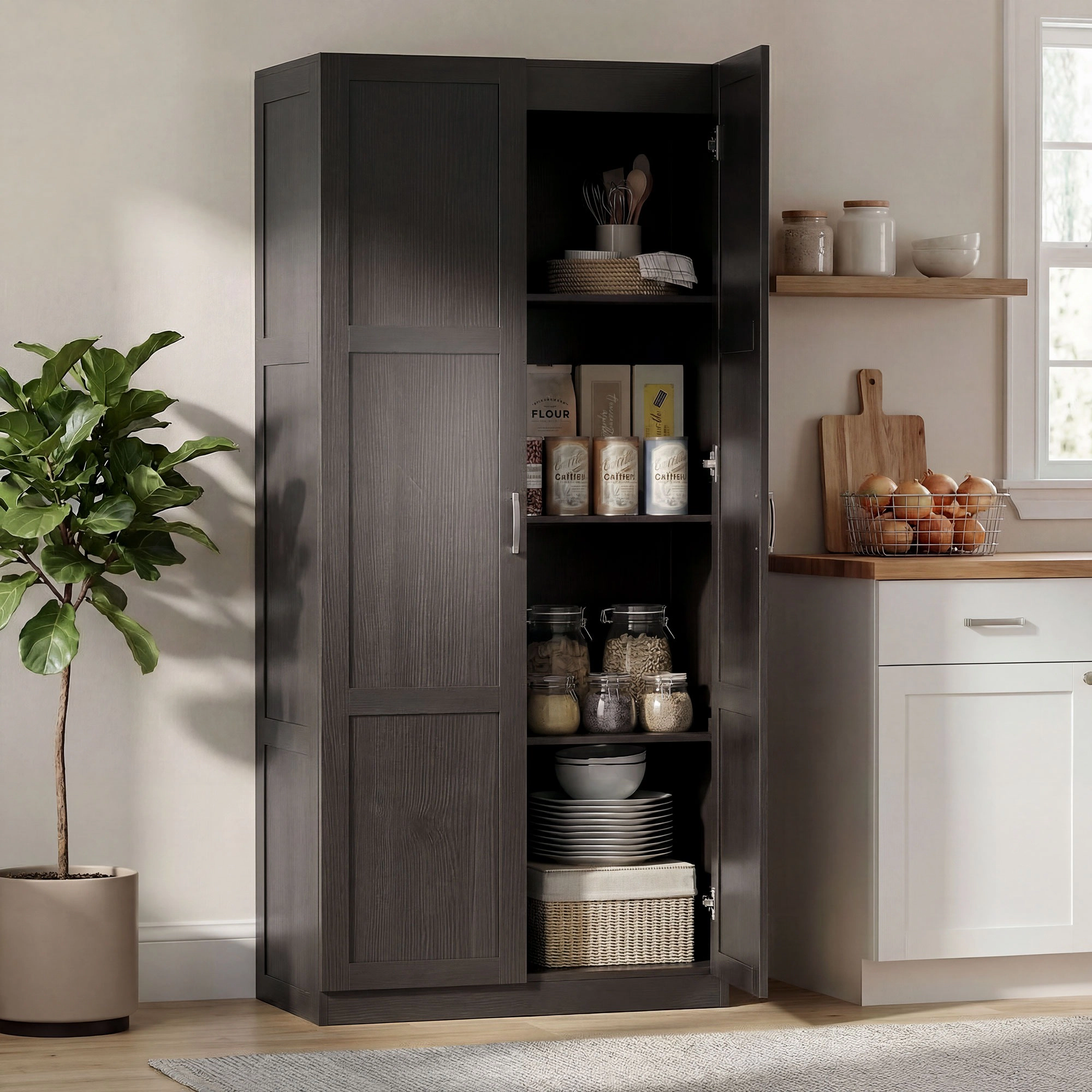 HONGGE Farmhouse Pantry Cabinet, 71" Tall Kitchen Pantry Storage Cabinet with Soft-Close Hinges, Adjustable Shelves