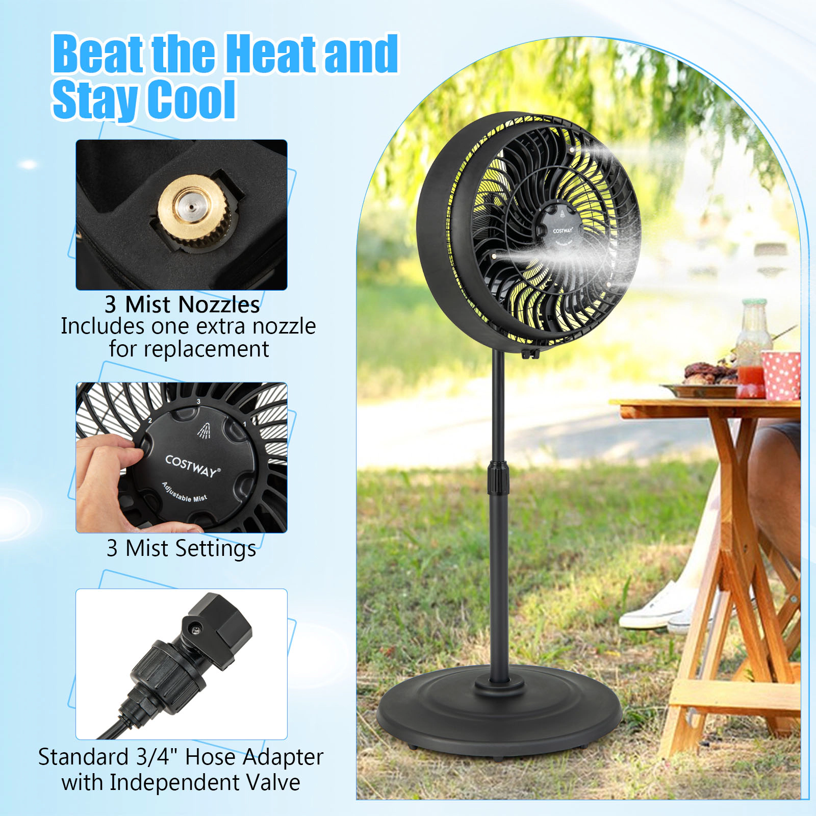 SUGIFT 16-in 3-Speed Oscillating Outdoor Misting Pedestal Fan with 3 Mist Levels and GFCI Safety Plug