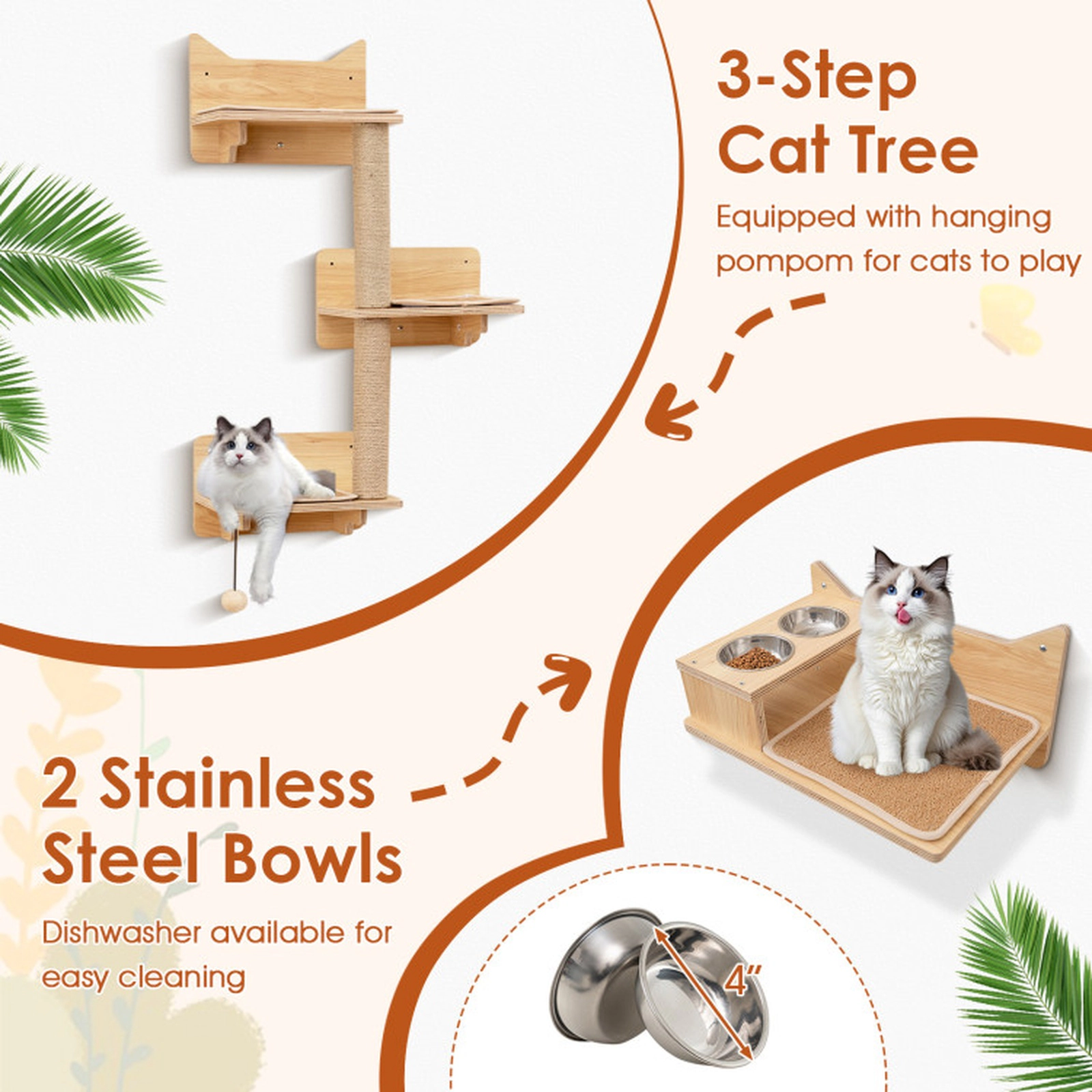 SUGIFT 6-Piece Wall-Mounted Cat Furniture Set with Tree, Condo and Feeding Station 22-lb Capacity Natural