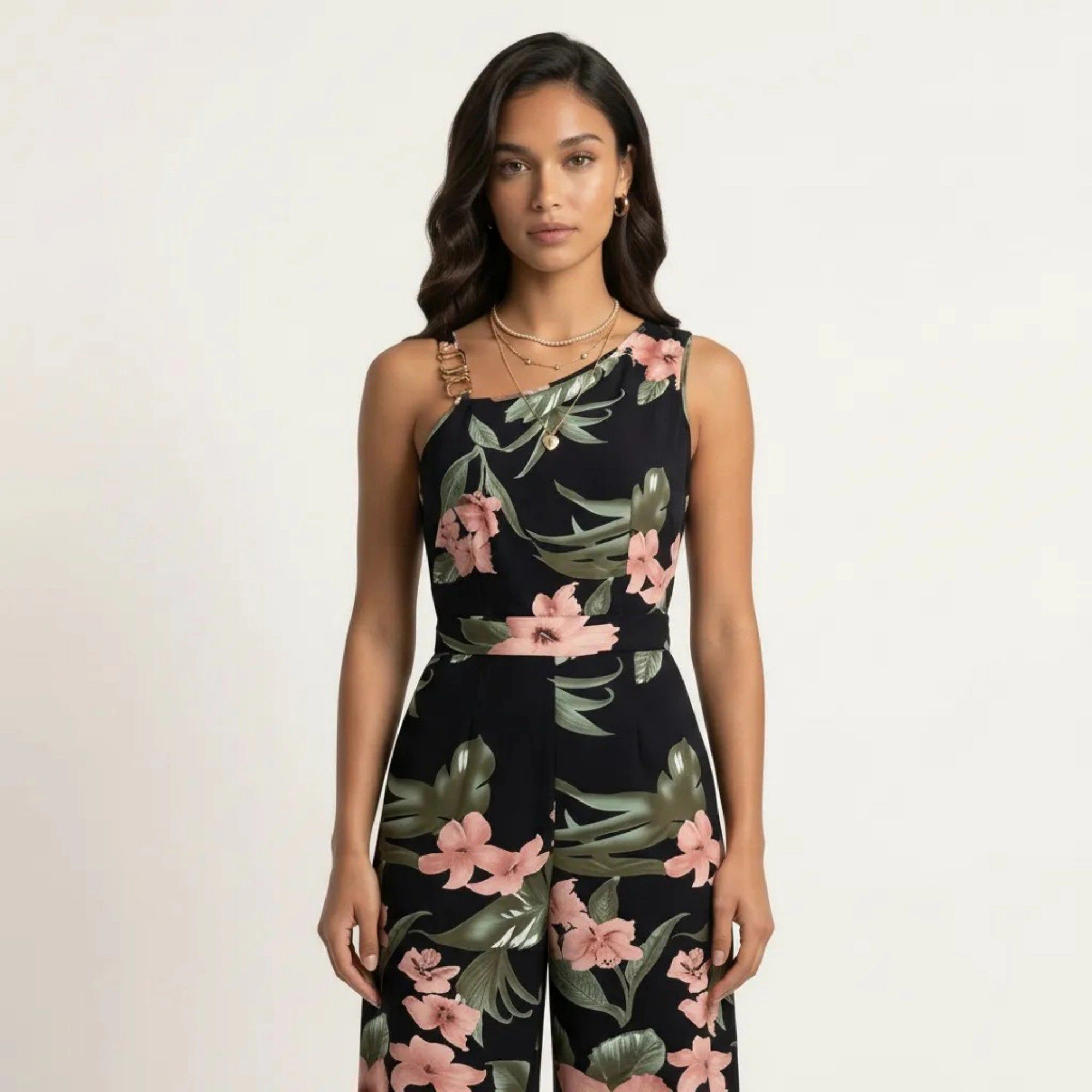 Anna-Kaci Womens Floral Asymmetrical Neck Wide Leg Jumpsuit