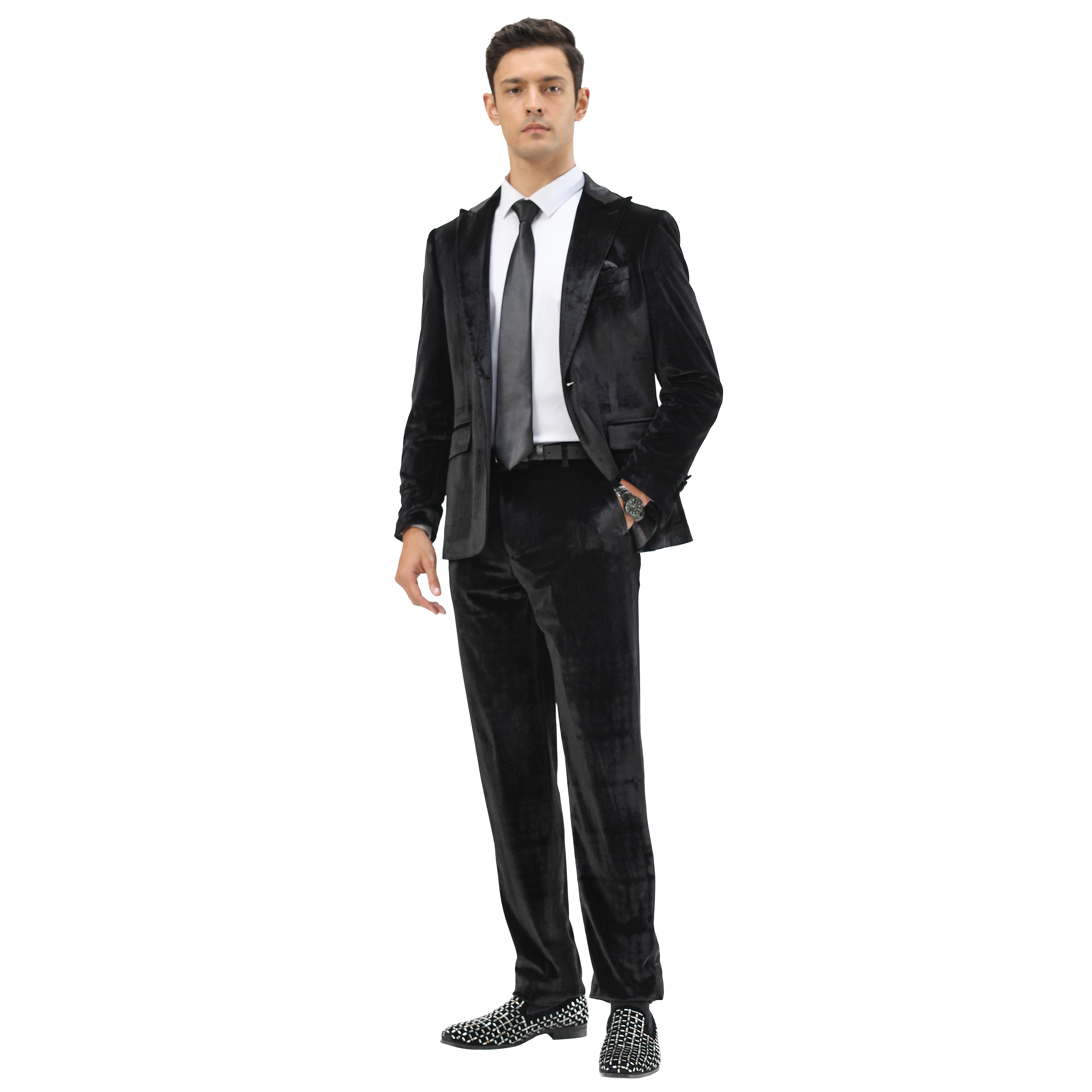 Tazzio Mens Skinny Fit Double Breasted 2 Piece Tuxedo Set with Velvet Black Peak Lapel