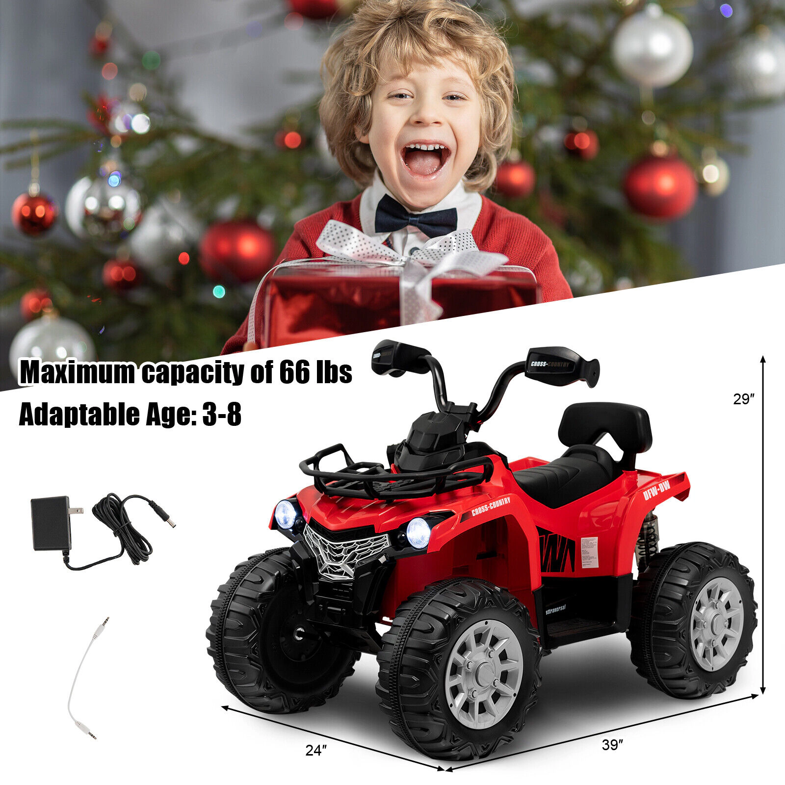 12V Kids Ride On ATV 4-Wheeler High-Speed Lockout Cover Oversized Wheels Headlights MP3 USB Player Ages 3-8 Red Quad