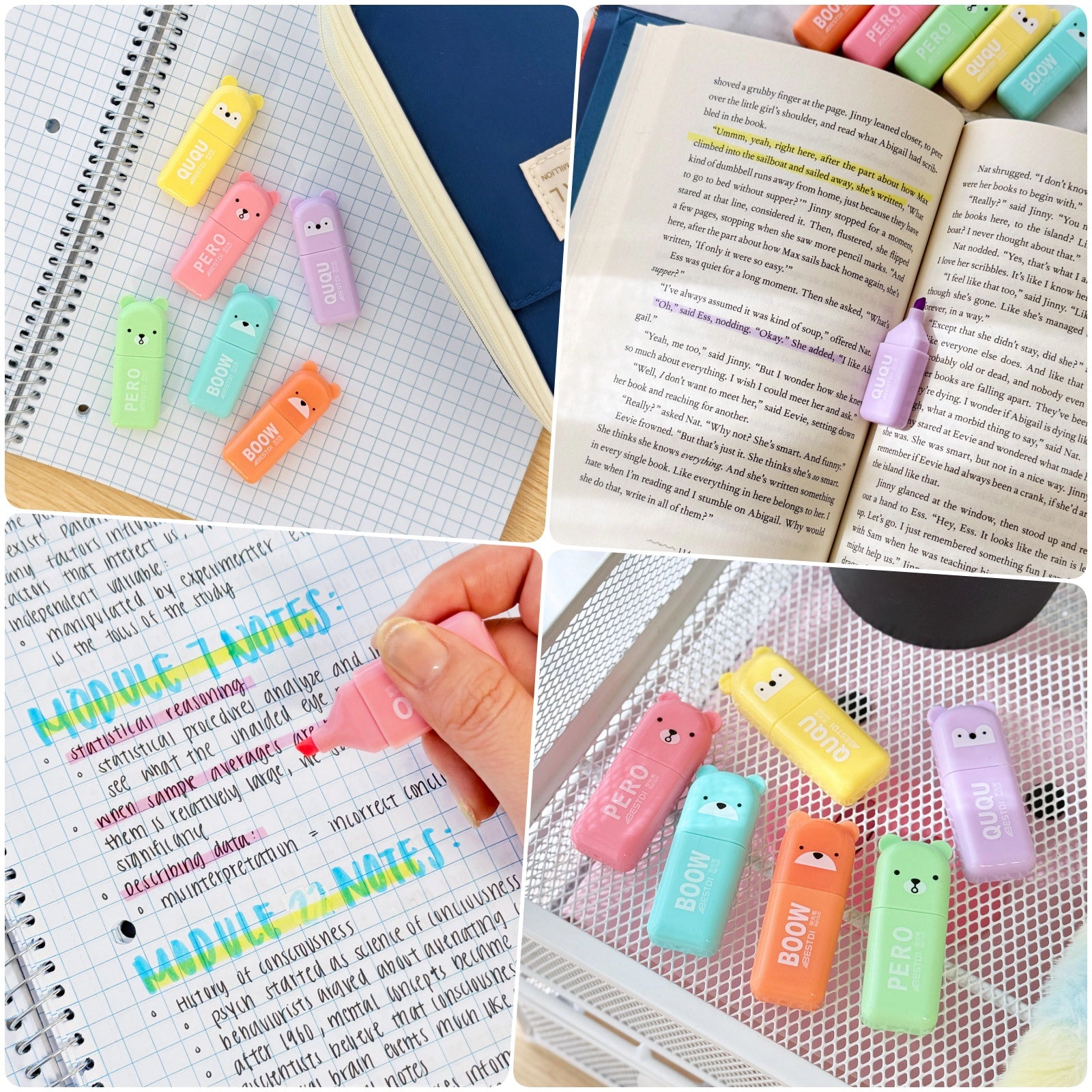 Wrapables 4-Compartment Pencil Case Set with Colorful Bear Highlighters, Black