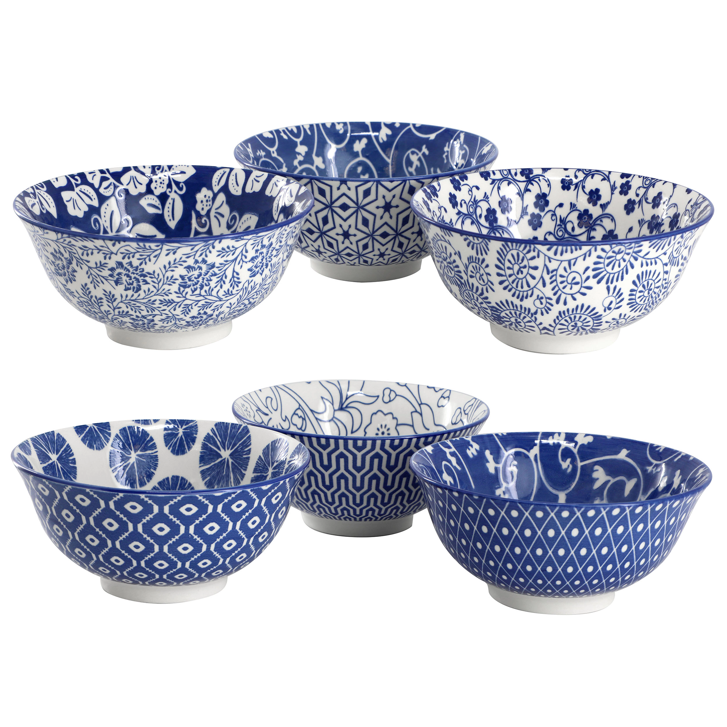 Elama Moxy 6 Piece Assorted Design 20oz Porcelain Footed Bowl Set in Blue