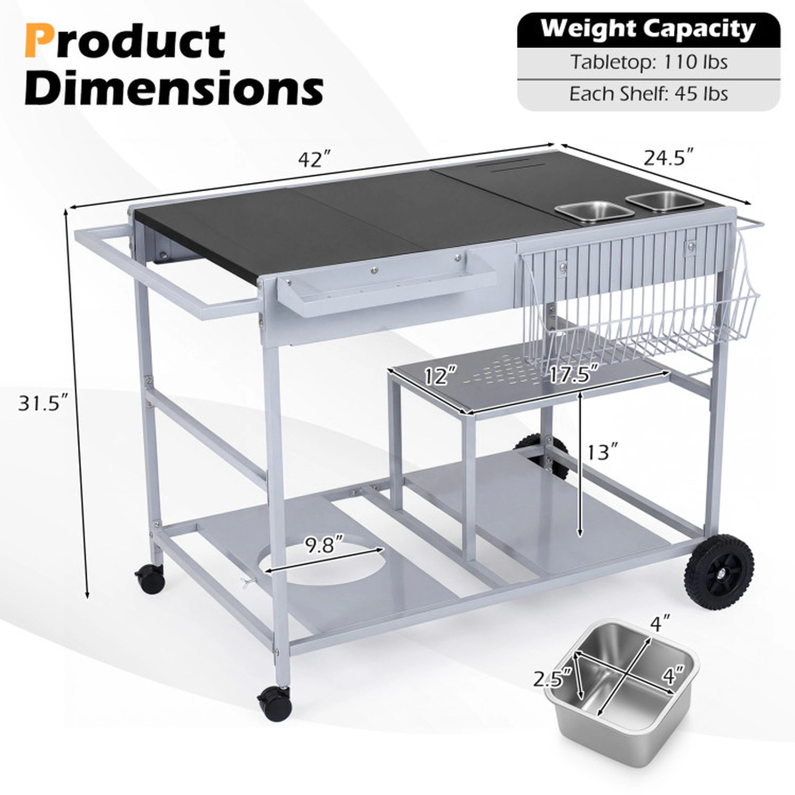 SUGIFT Black Rolling Grill Cart Table with 2 Condiment Caddies 42-in W 24.5-in D 31.5-in H 110-lb Tabletop Capacity