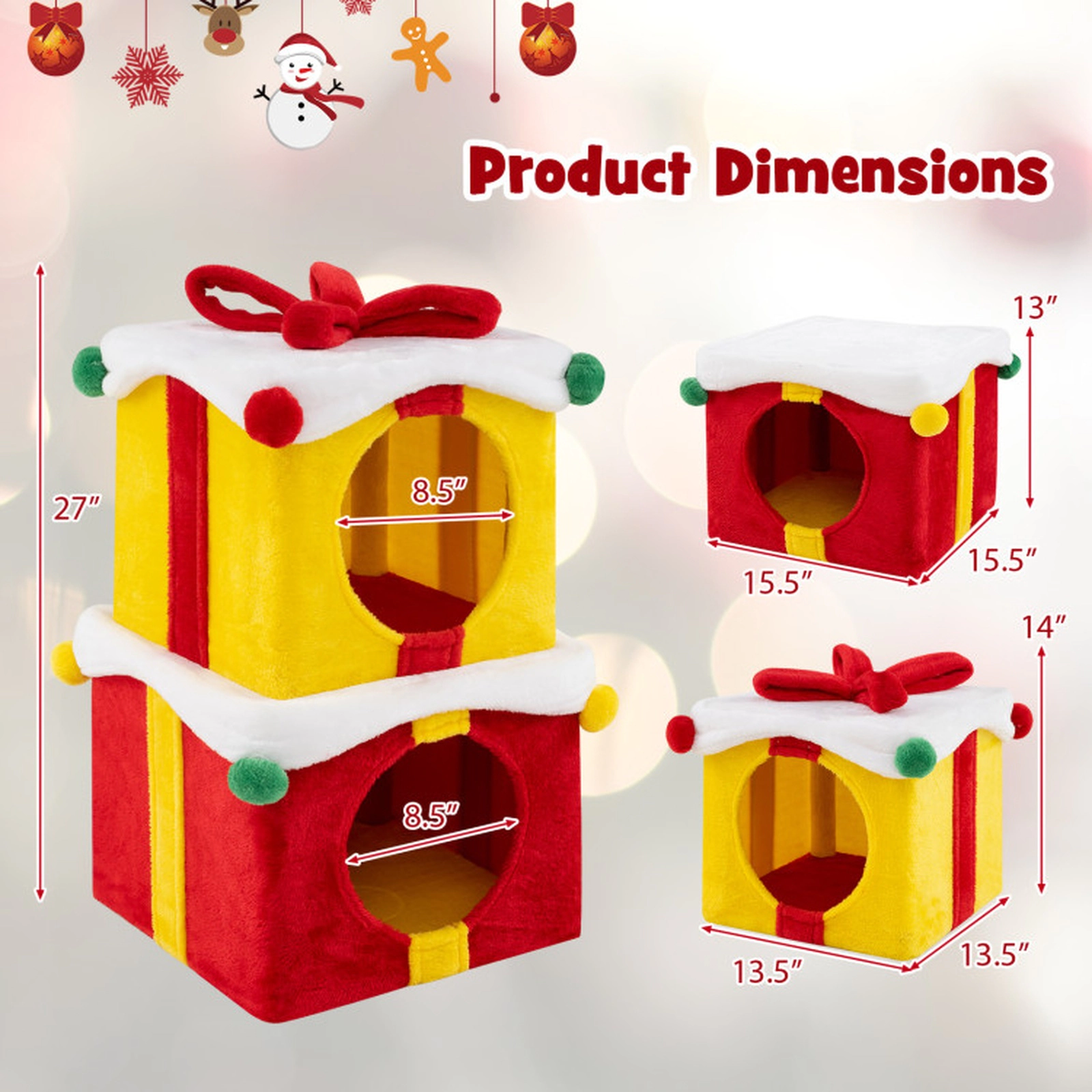 SUGIFT 2-Piece Gift Box Shaped Christmas Cat House with Stackable Double Condos 27-in Tall 22-lb Capacity Red and Yellow