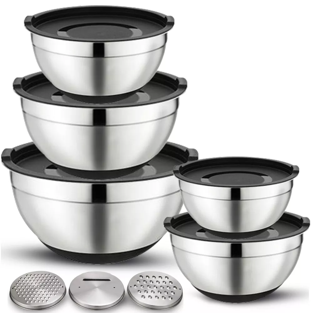Luminuxe 5‑Piece Stainless Steel Mixing Bowls with Lids & Grater, Durable Rust‑Resistant Nonslip Nesting Kitchen Bowls
