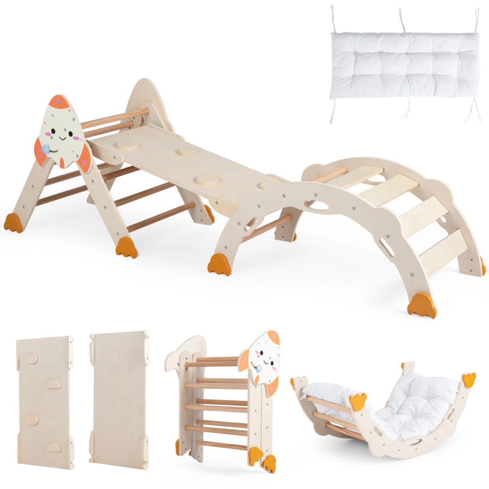 SUGIFT 8-in-1 Foldable Climbing Triangle Arch and Balance Bridge 330-lb Capacity Ages 1+ Rocket-Themed Natural