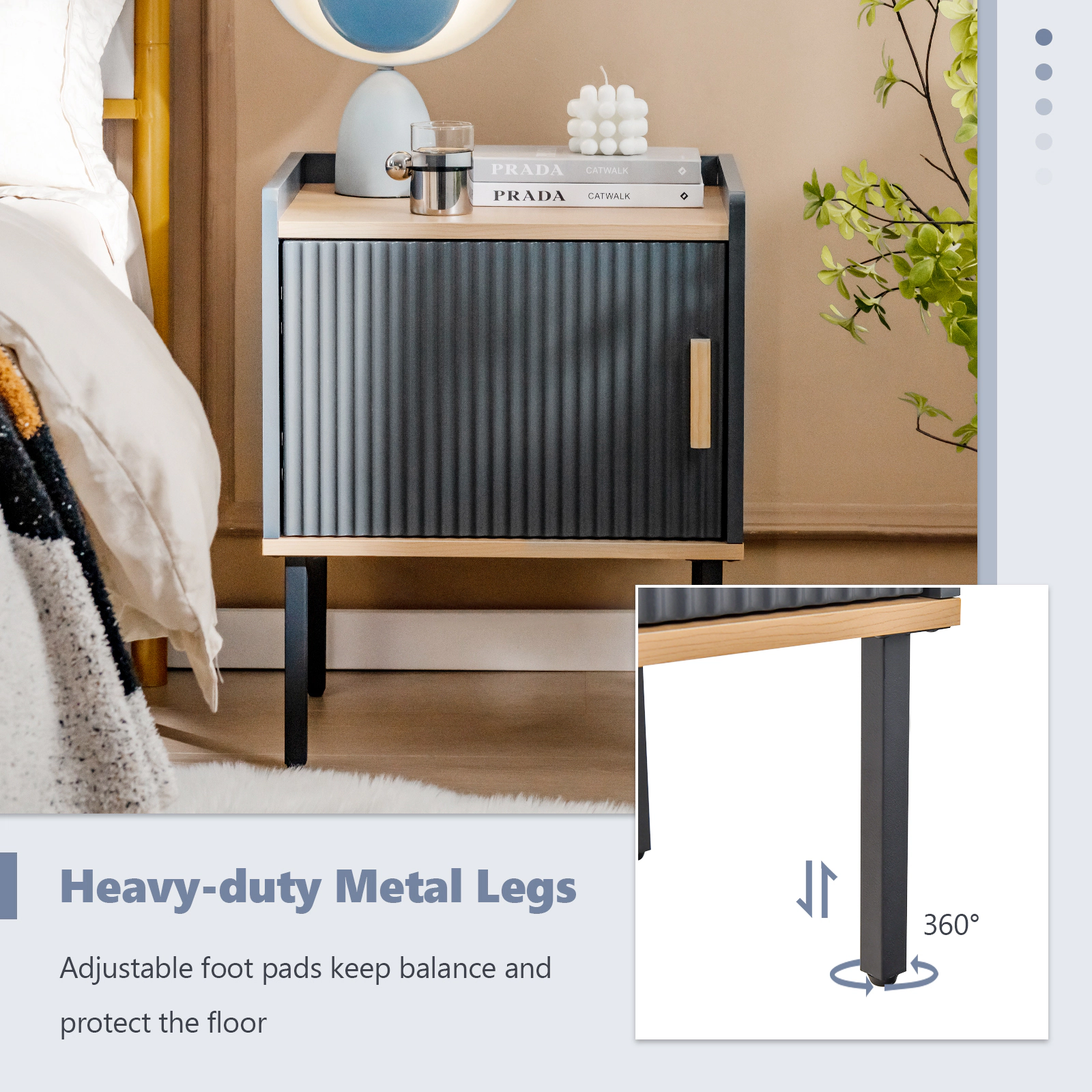 Glintex Nightstand with Single-Door Cabinet Raised Edge Top and Metal Legs, Gray