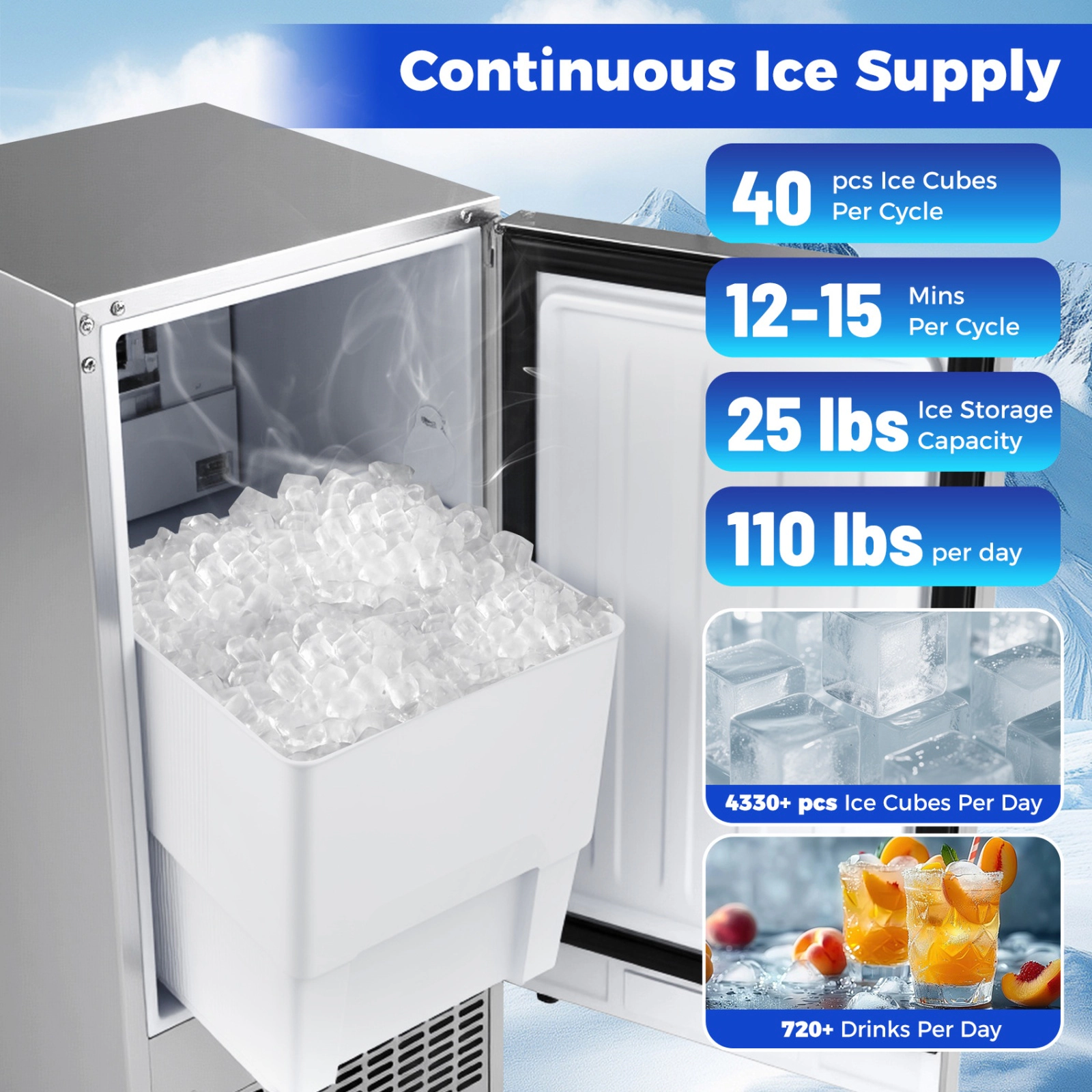 SUGIFT Commercial Undercounter Ice Maker with 110-lb Daily Output 25-lb Storage and Adjustable Thickness