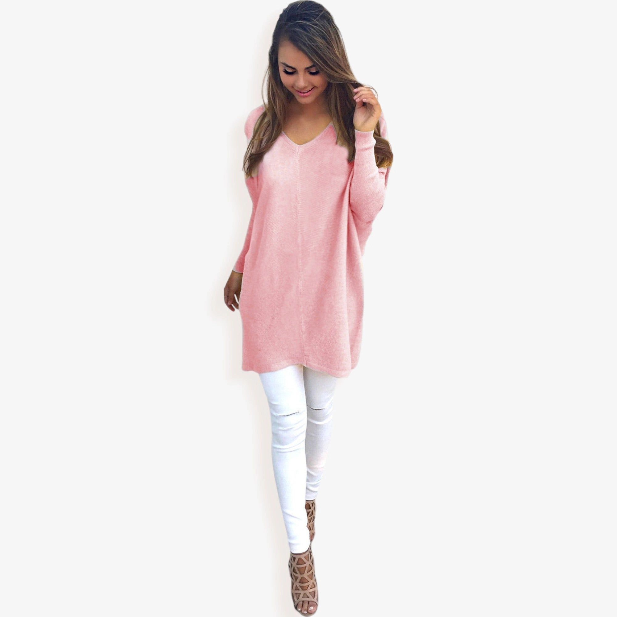 Anna-Kaci Women's Oversized V-Neck Fleece Tunic Sweater Long Sleeve Cozy Top