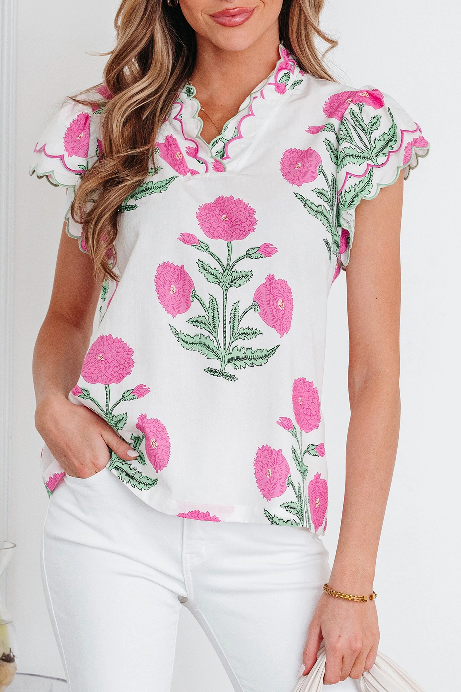 Threaded Pear Women's Mariah Detail Short Sleeve Blouse