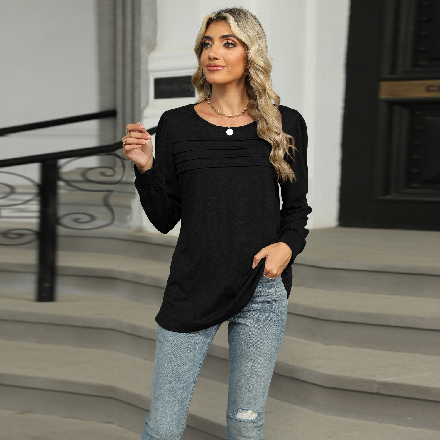 Enchanted Funland Womens Round Neck Pleated Front Puff Long Sleeve Tunic Tops