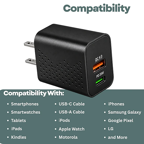 Qixxronics 35W Fast USB C Charger Block, USB C Plus USB A Wall Charger Power Adapter for Various Types of Mobile Phones