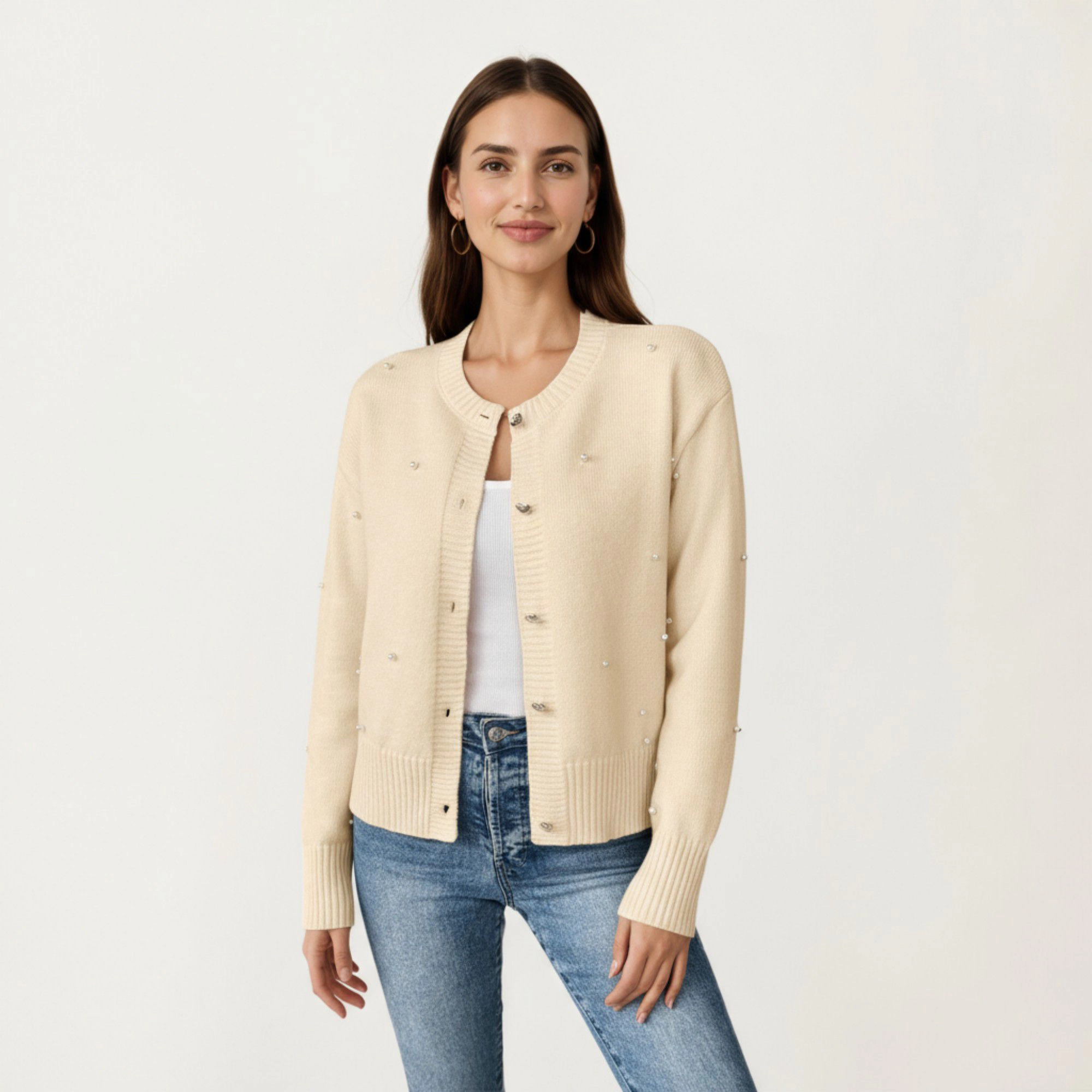 Anna-Kaci Women's Long Sleeve Faux Pearl Embellished Knit Cardigan with Button Front Closure