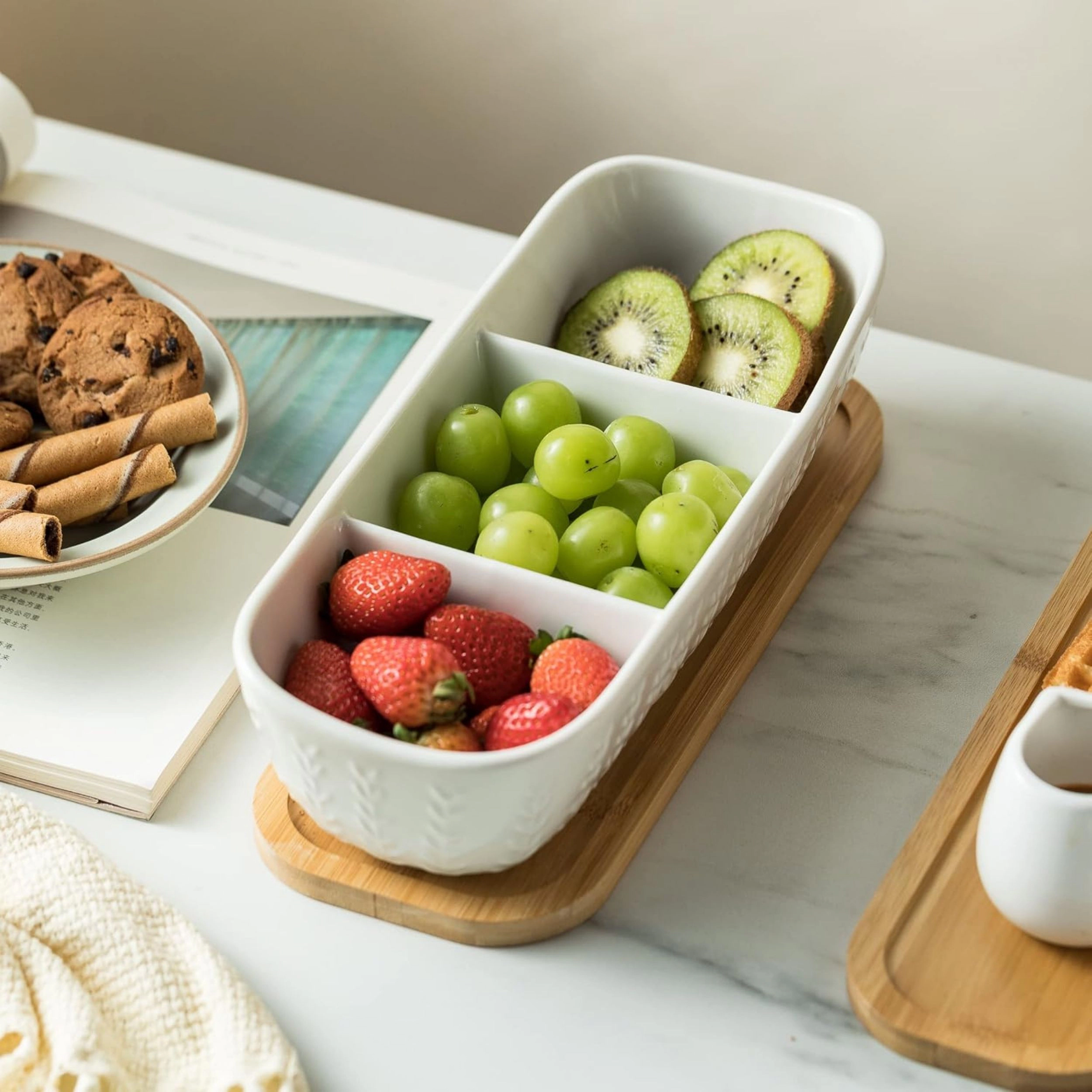Stock Preferred Ceramic Chip and Dip Bowl Set with Divided Acacia Wood Serving Tray