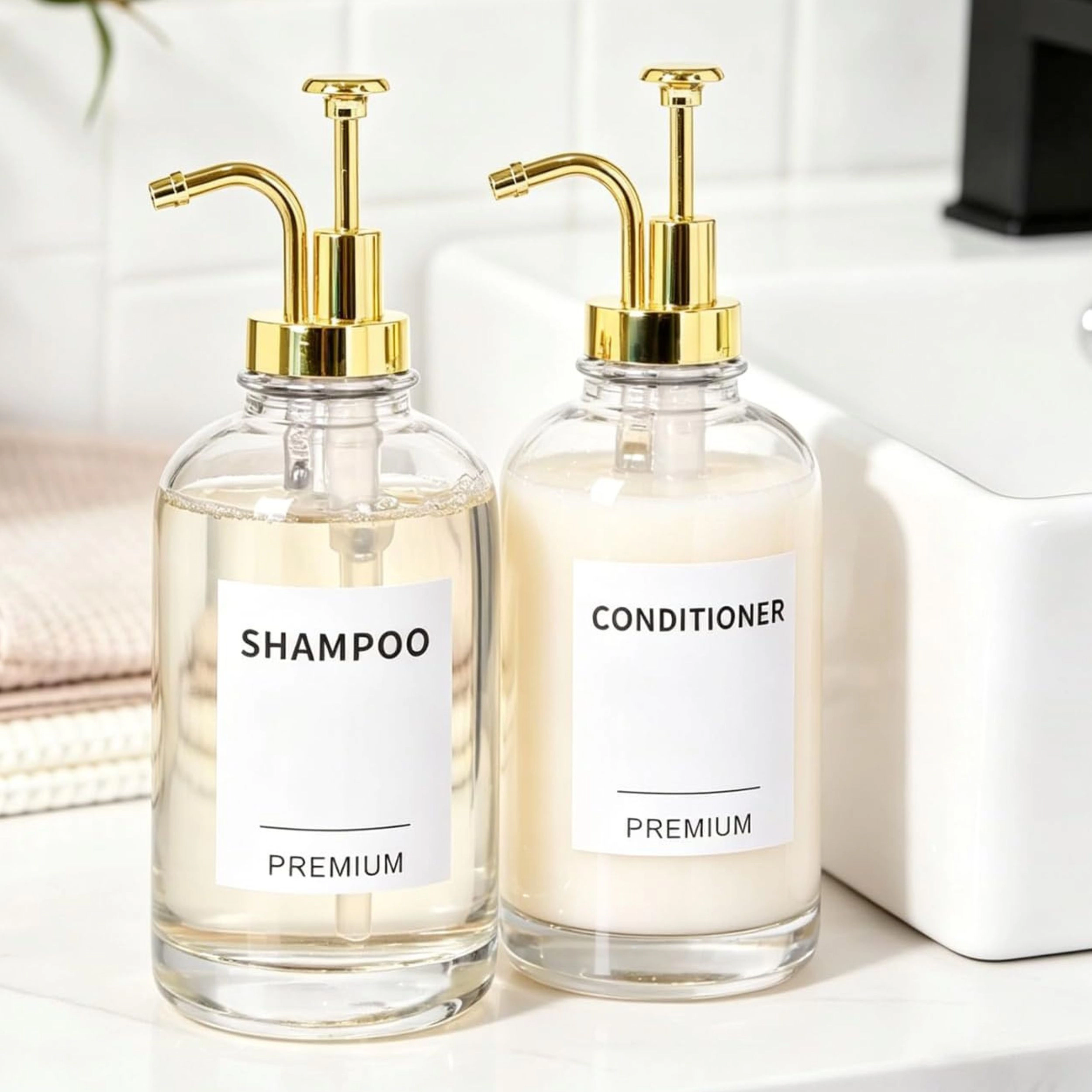 Stock Preferred Pack of 2 18Oz Clear Glass Soap Dispensers with Pumps Tray and Labels