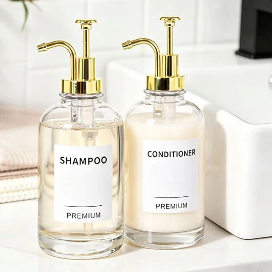 Stock Preferred Pack of 2 Clear Glass Soap Dispensers with Pumps Tray and Labels