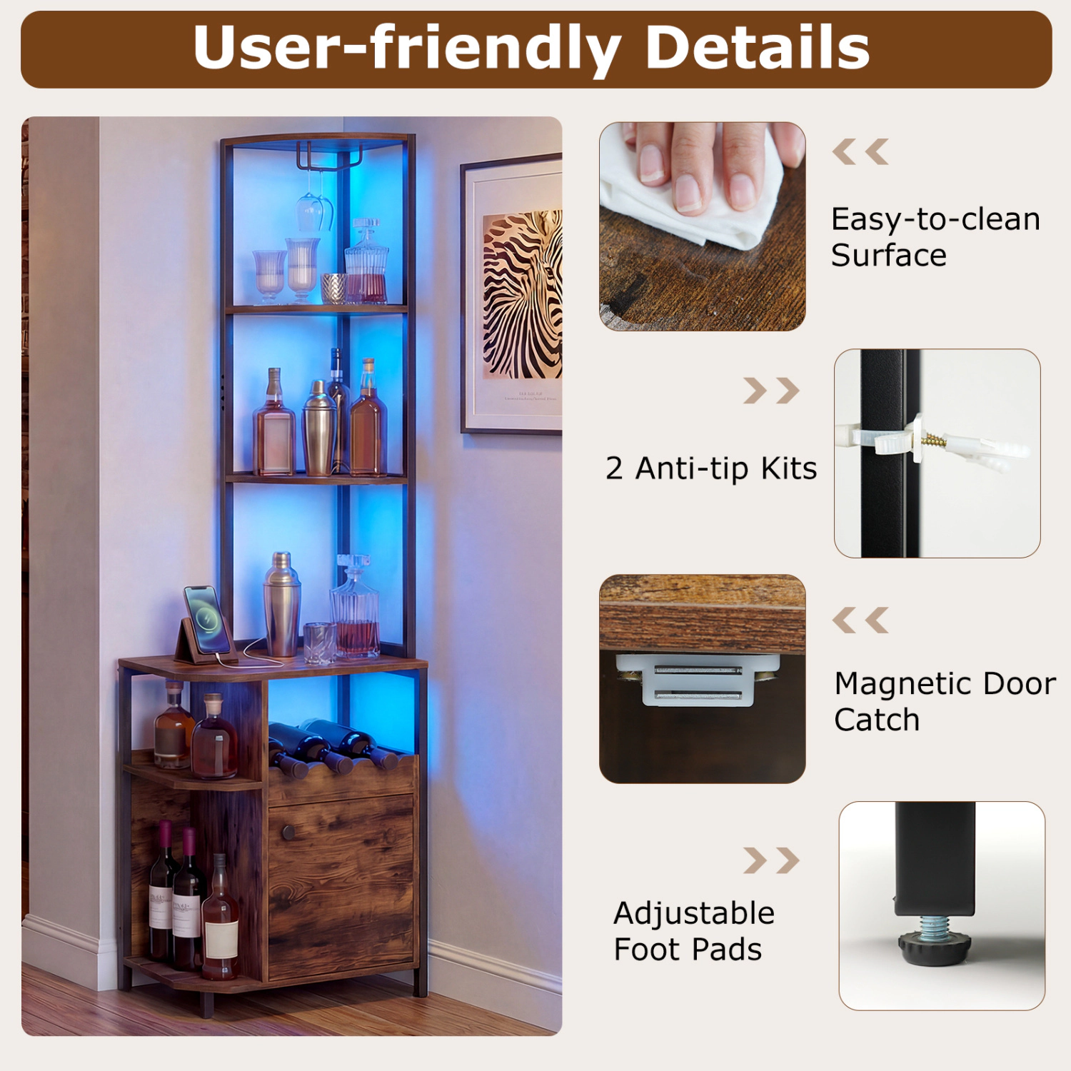 Glintex 61.5-Inch Corner Bar Cabinet with LED Lights and Charging Station, Rustic Brown