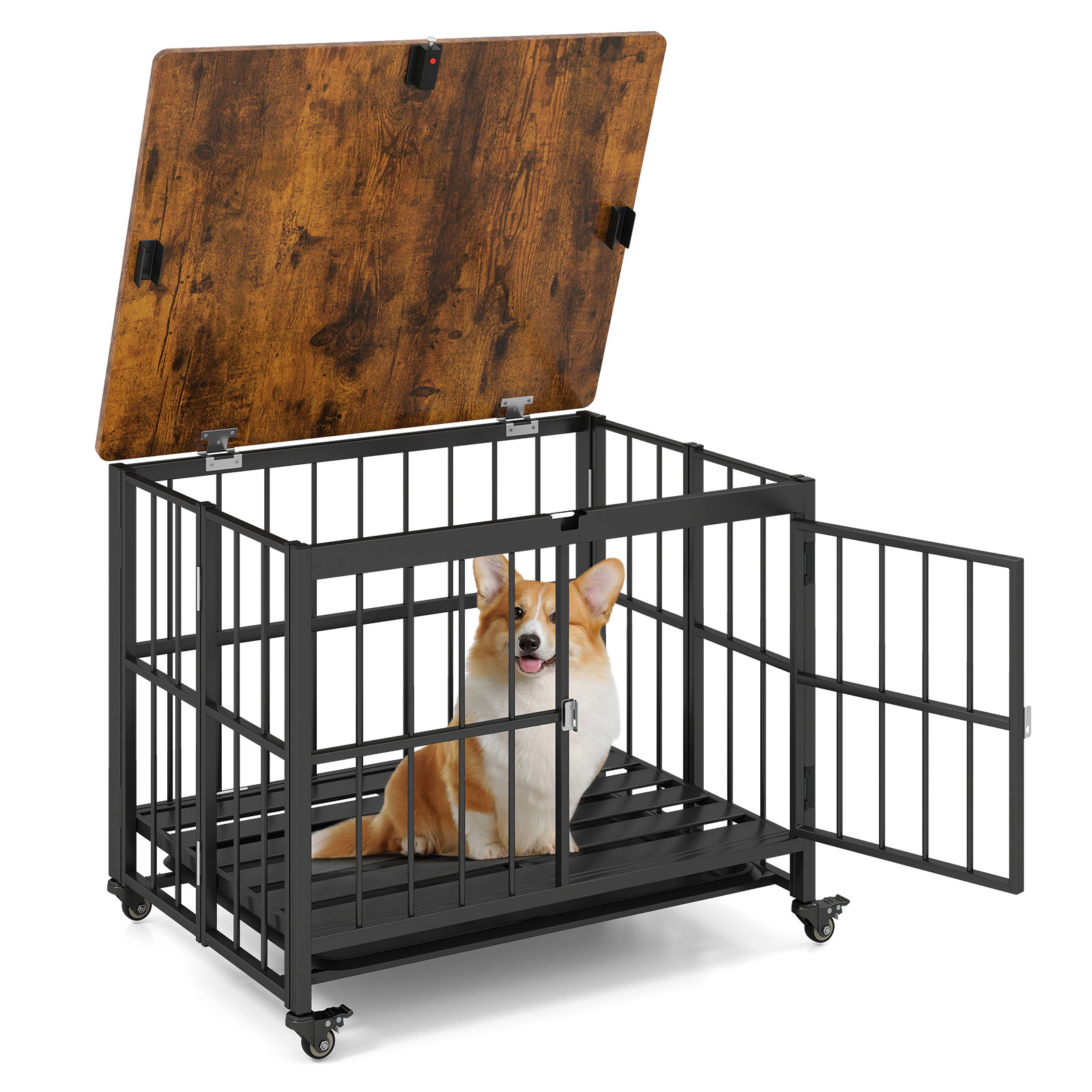 SUGIFT 38 in Foldable Dog Crate Furniture Rustic Brown with Removable Tray and Lockable Door