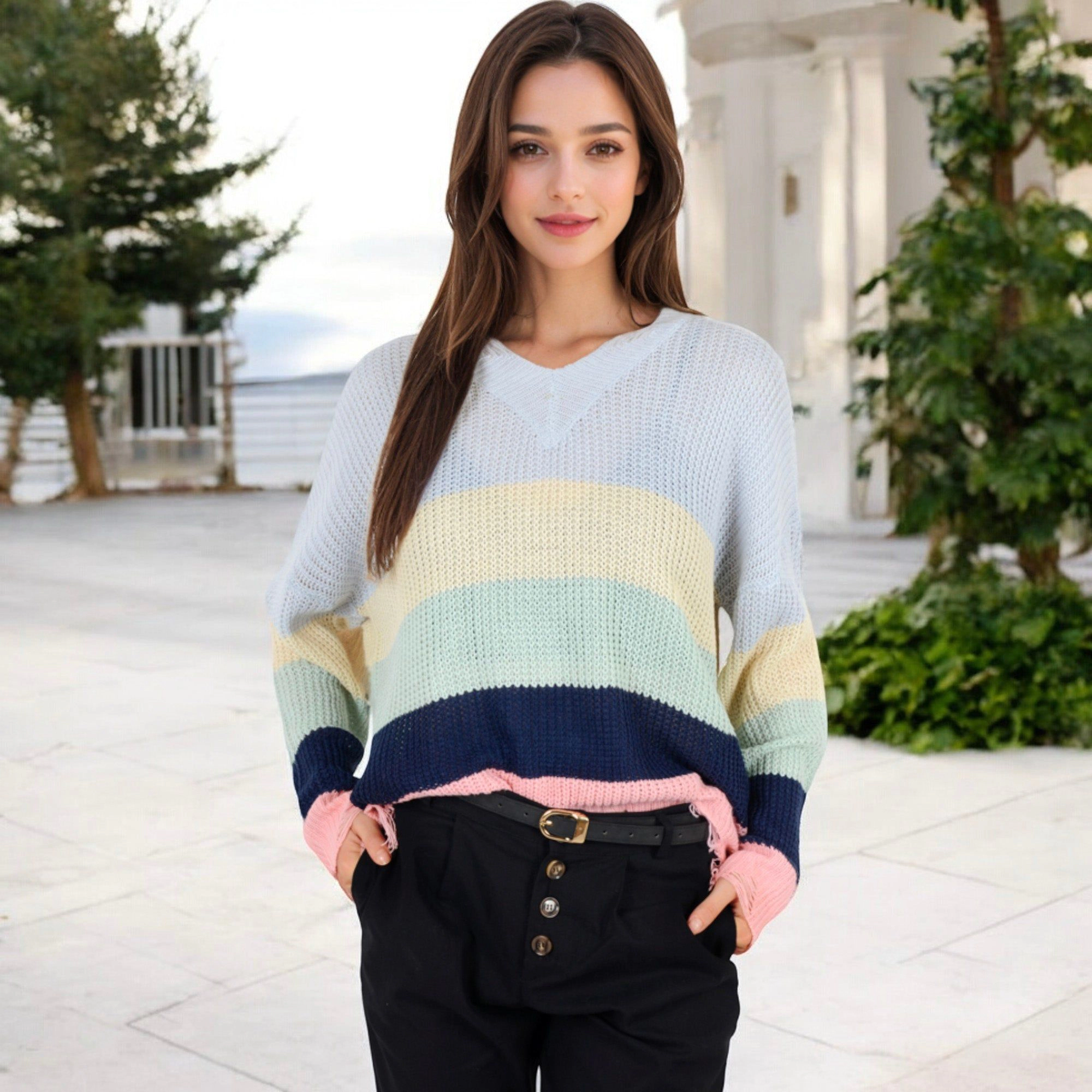 Anna-Kaci Women's Distressed Knit Sweater V-Neck Striped Pattern for Casual Everyday Layering