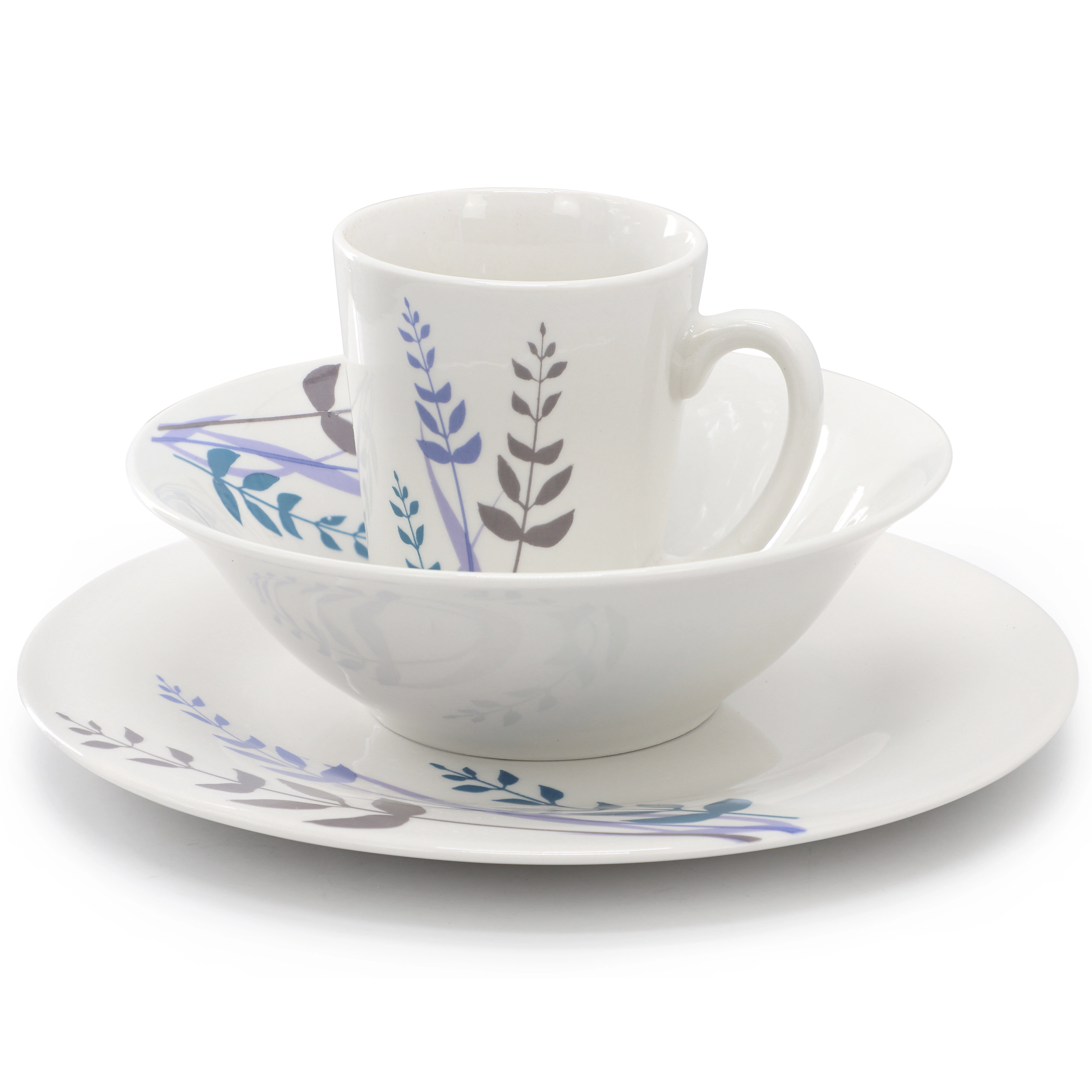 Gibson Home Blue Leaves 12 Piece Round Fine Ceramic Decorated Dinnerware Set in White