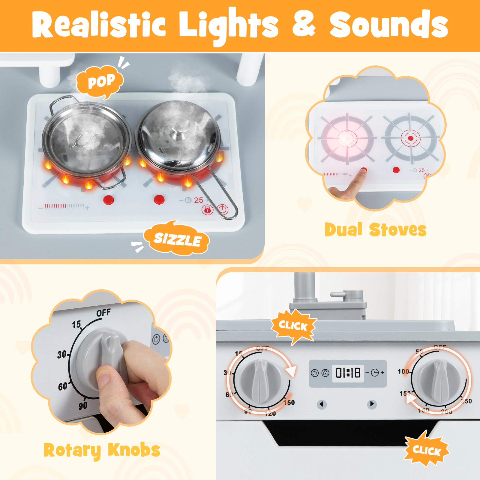 Wooden 2-pc Kids Kitchen Playset Fridge Running Water Lights and Sounds 3 Planting Pots 35.5-in Ages 3+ Gray