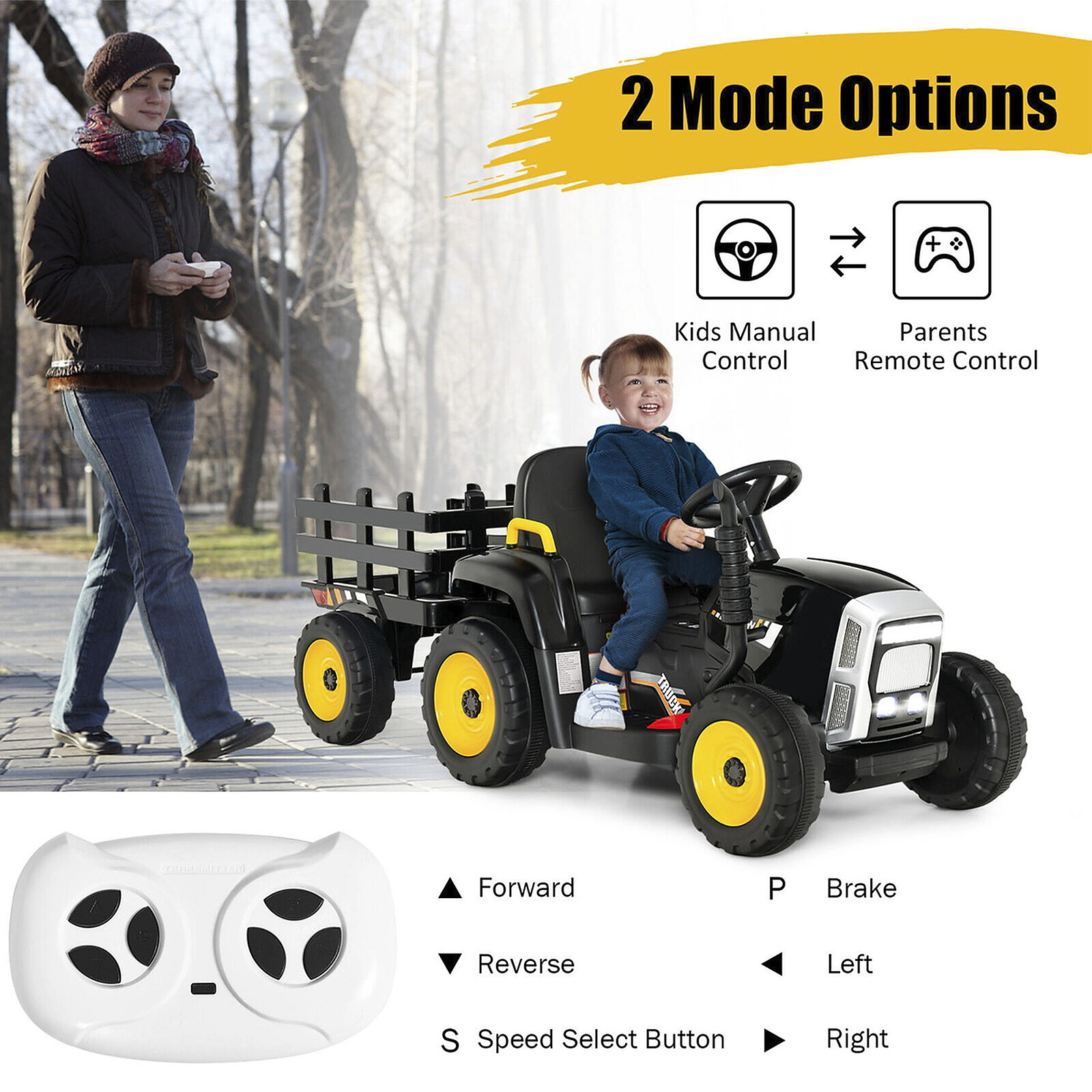 SUGIFT Kids 12V Battery Ride-On Tractor with Detachable Trailer and 3-Gear Shift Black