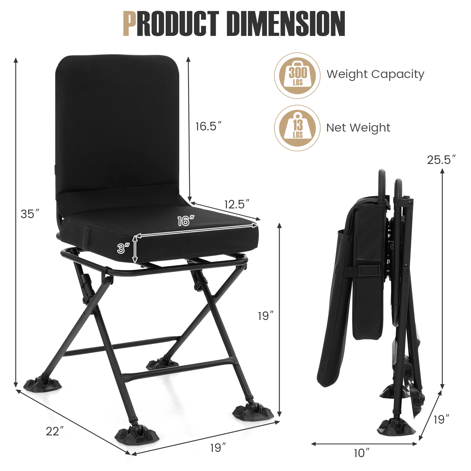 SUGIFT Black 360-Degree Swivel Hunting Chair with Padded Cushion 19-in W 22-in D 35-in H 330-lb Seat Capacity