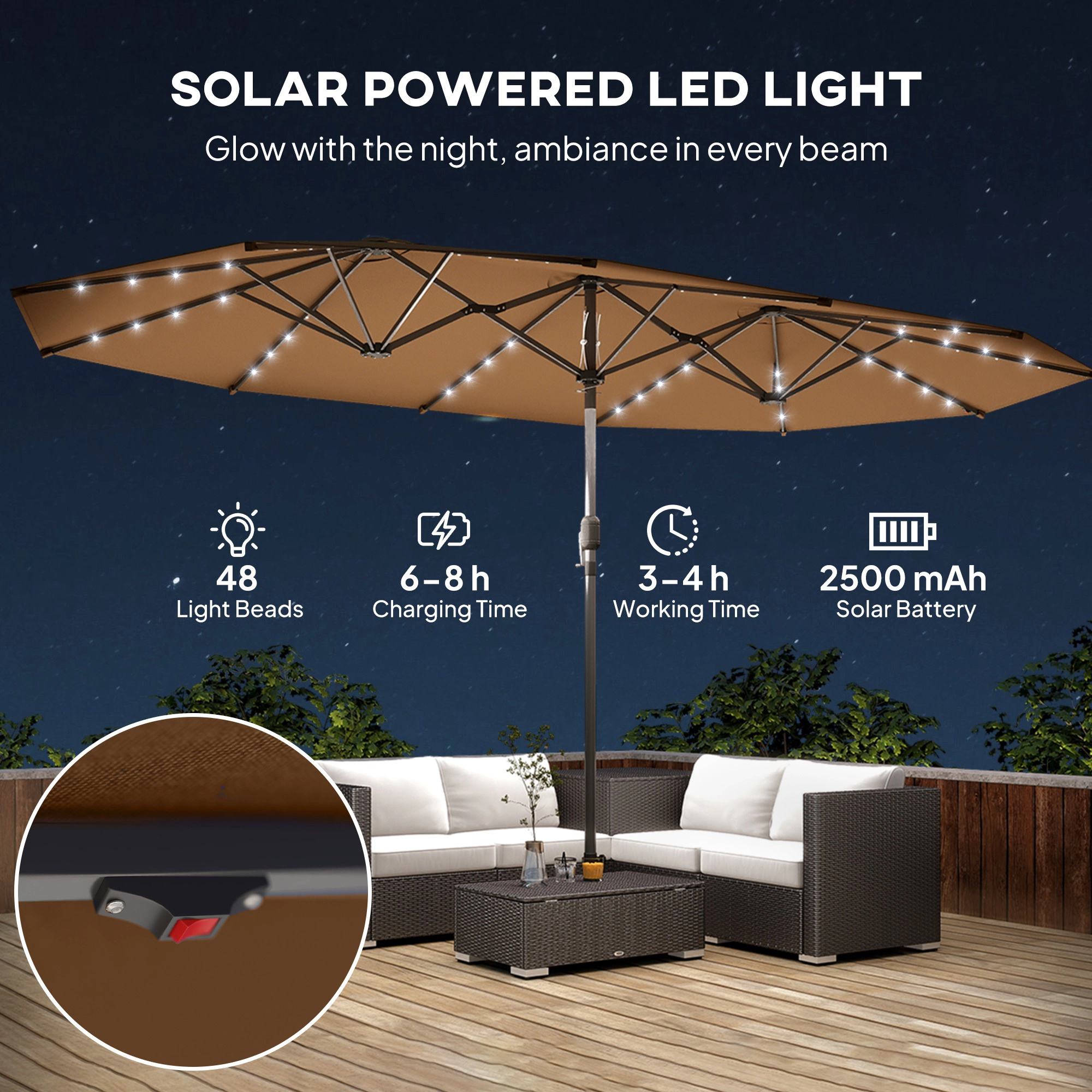 HONGGE Garden Parasol, Double-Sided Sun Umbrella with LED Solar Lights, Patio Parasol for Outdoor
