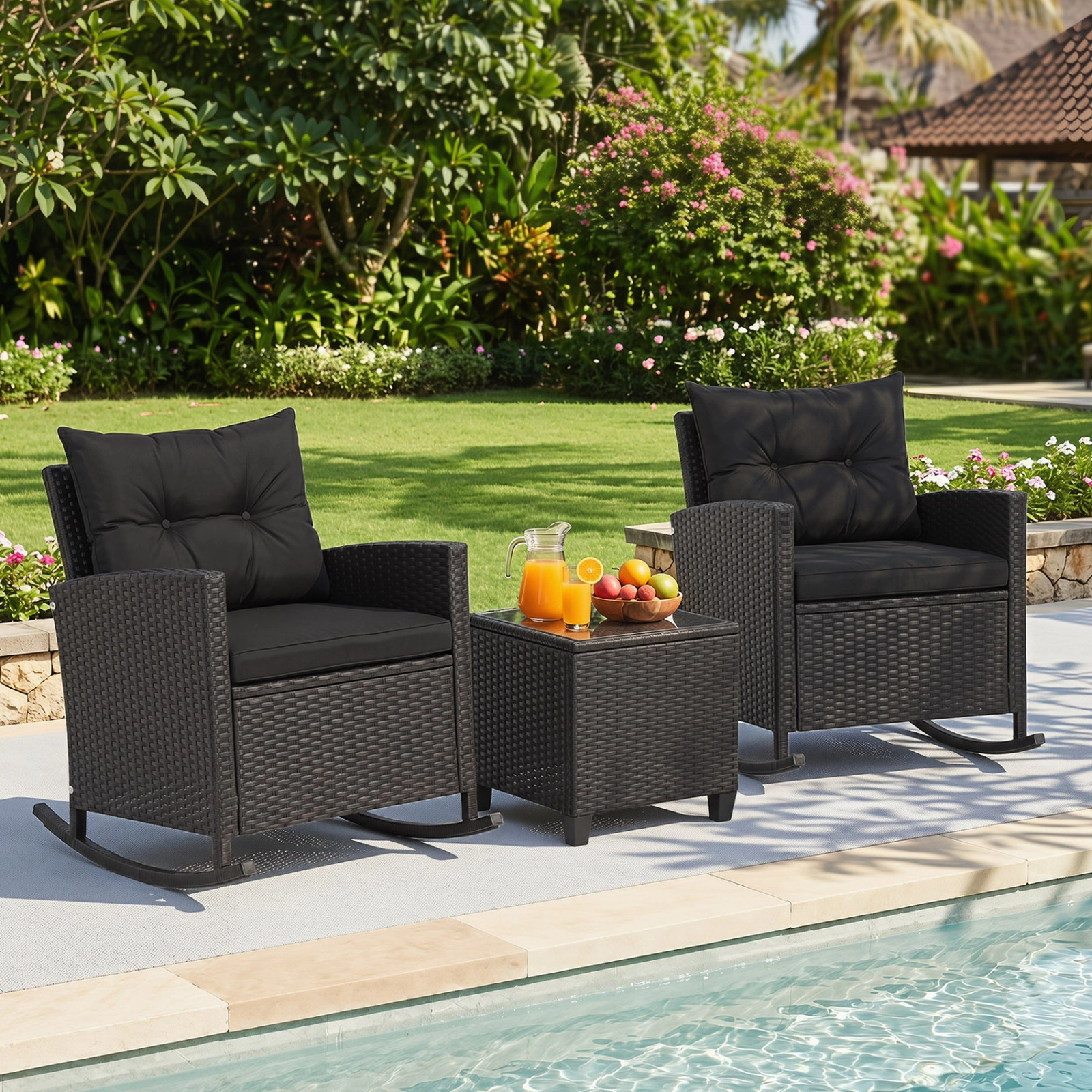 SUGIFT 3-Piece Patio Rattan Rocker Conversation Set Tempered Glass Table & Soft Cushions 400-Lb Capacity Black & Brown
