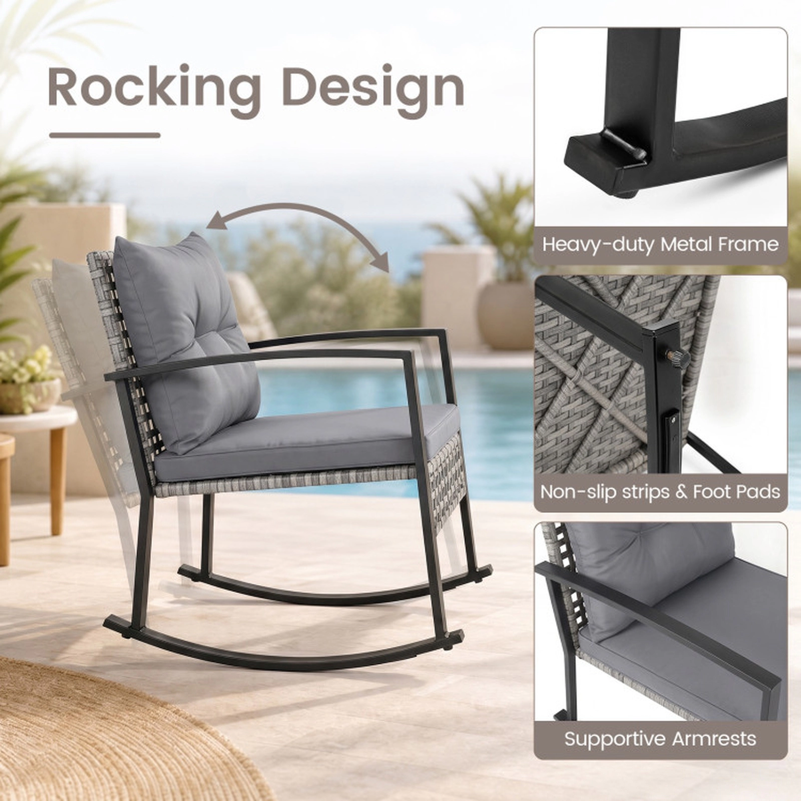 SUGIFT 3-Piece Gray Patio Rocking Chair Set with 2-Tier Glass-Top Table