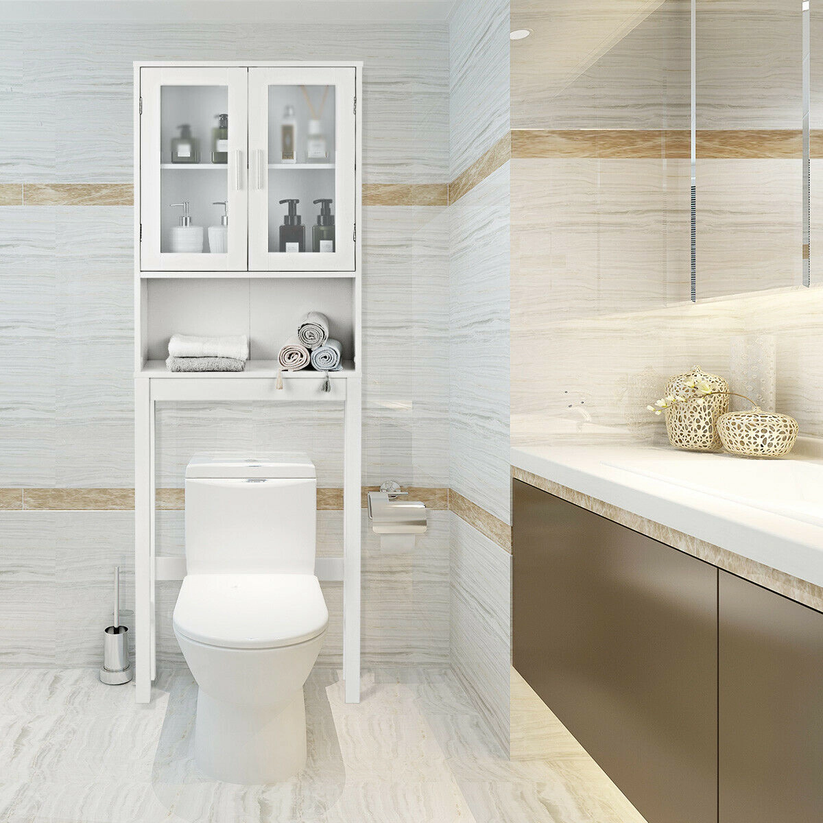 SlickBlue White Over Toilet Bathroom Storage Cabinet with Glass