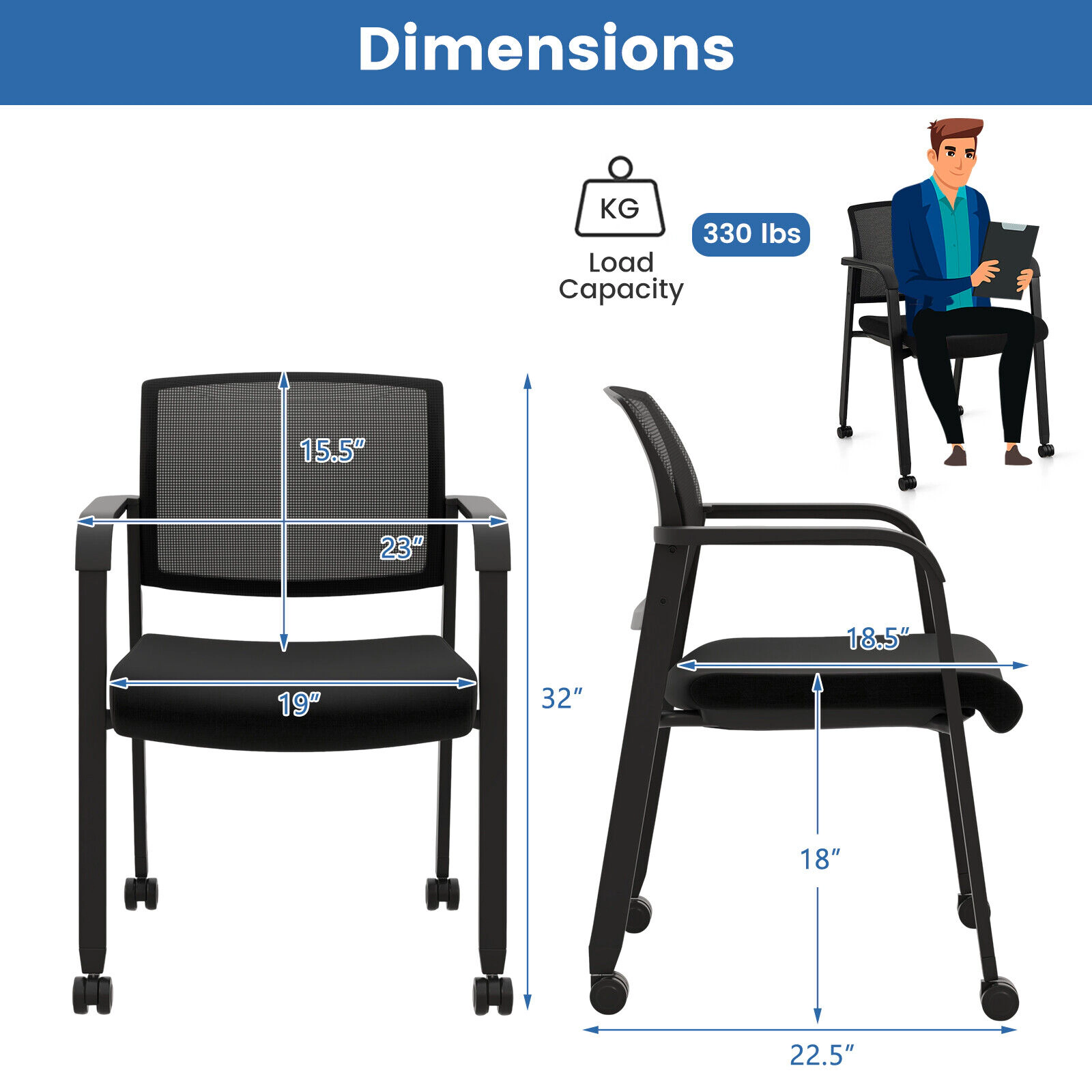 SUGIFT Set of 2 Stackable Rolling Office Chairs with Mesh Backrest 330-lb Capacity 23-in Wide Seat Black/Gray